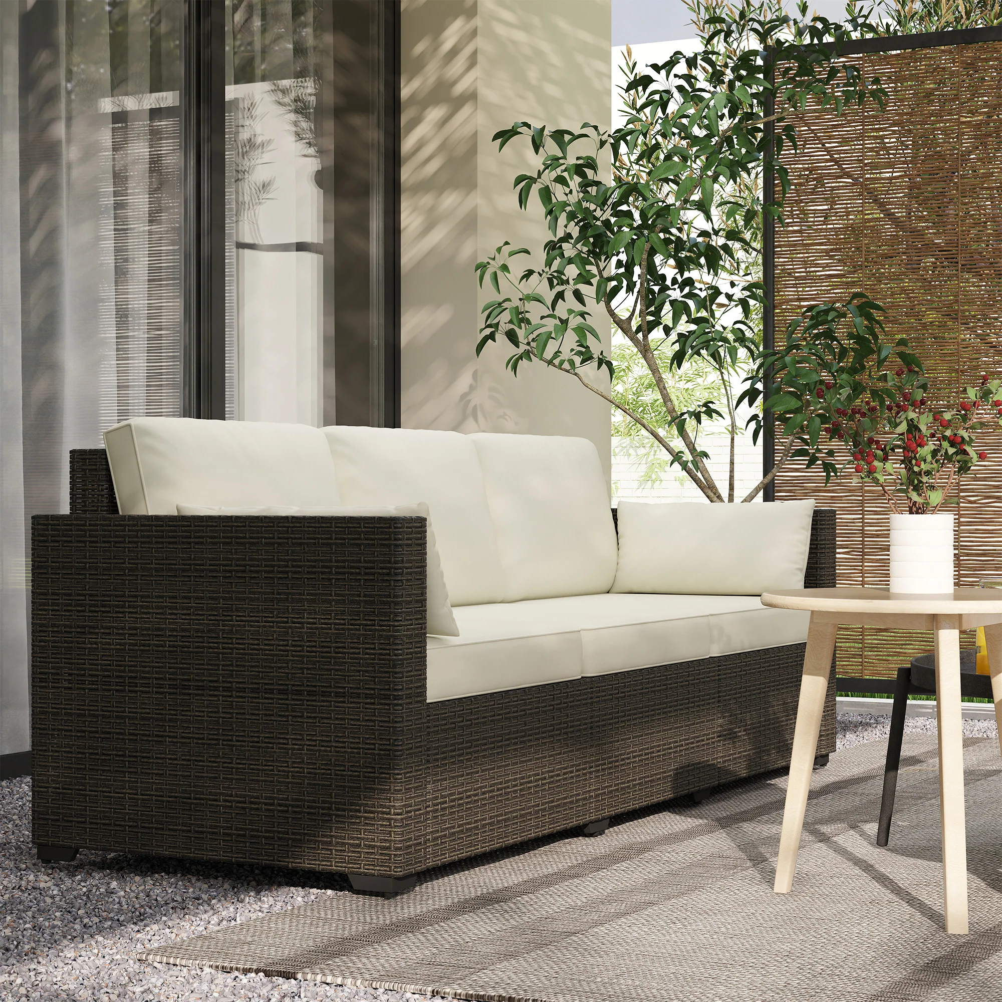 3-Seater PE Wicker Deep Seating Outdoor Sofa with Removable Cushions Cream White - Image 3