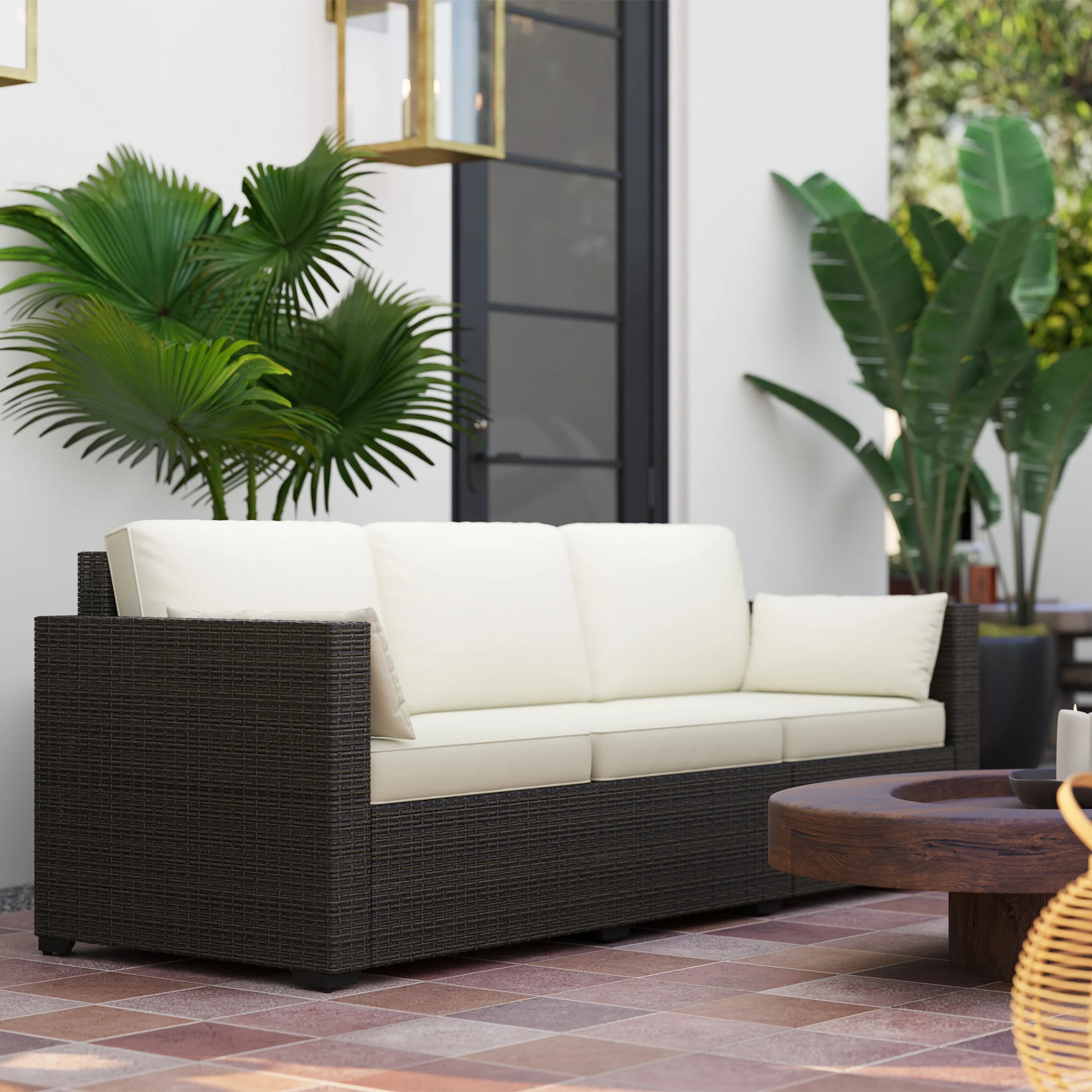 3-Seater PE Wicker Deep Seating Outdoor Sofa with Removable Cushions Cream White - Image 4
