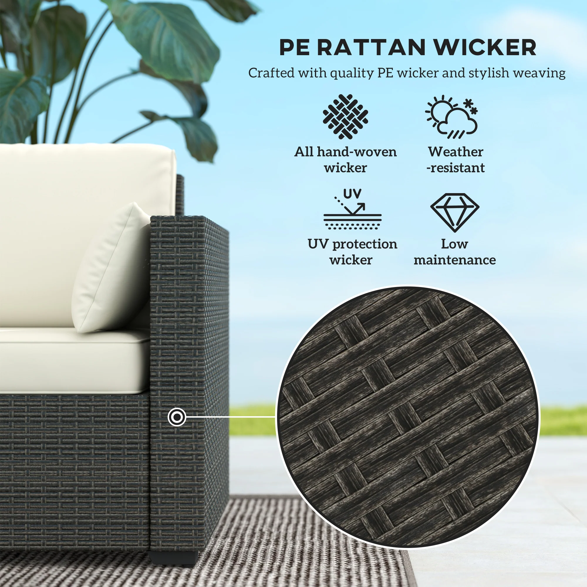 3-Seater PE Wicker Deep Seating Outdoor Sofa with Removable Cushions Cream White - Image 6