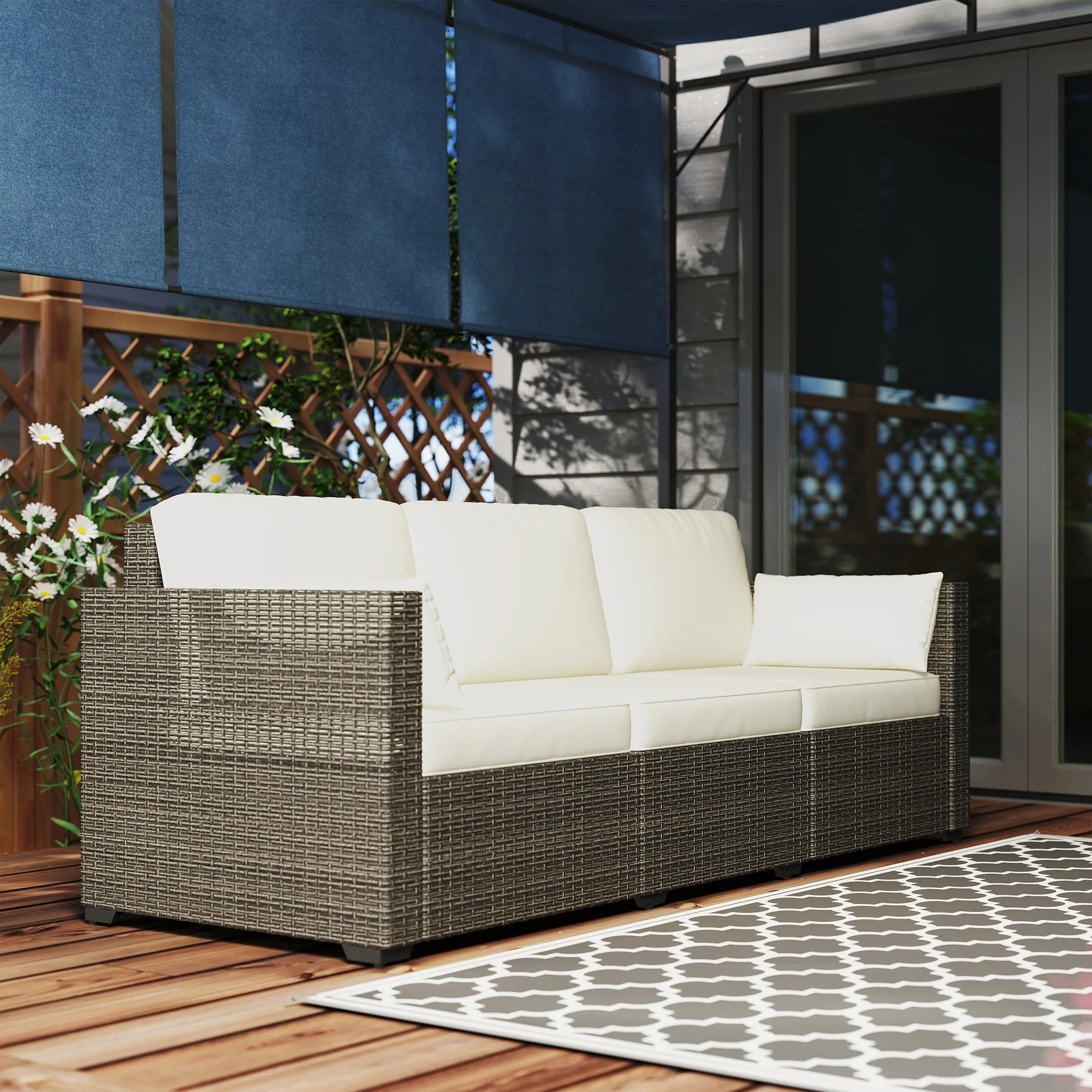 3-Seater PE Wicker Deep Seating Outdoor Sofa with Removable Cushions Cream White - Image 9