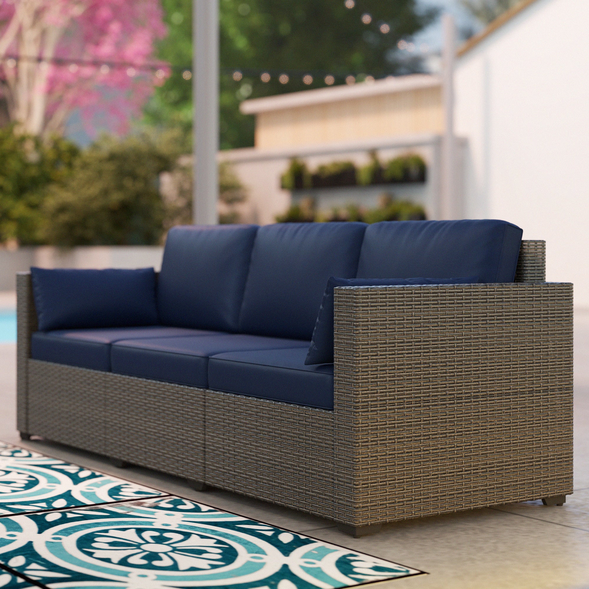 3-Seater PE Wicker Outdoor Sofa with Deep Seating & Removable Cushions, Navy Blue - Image 11