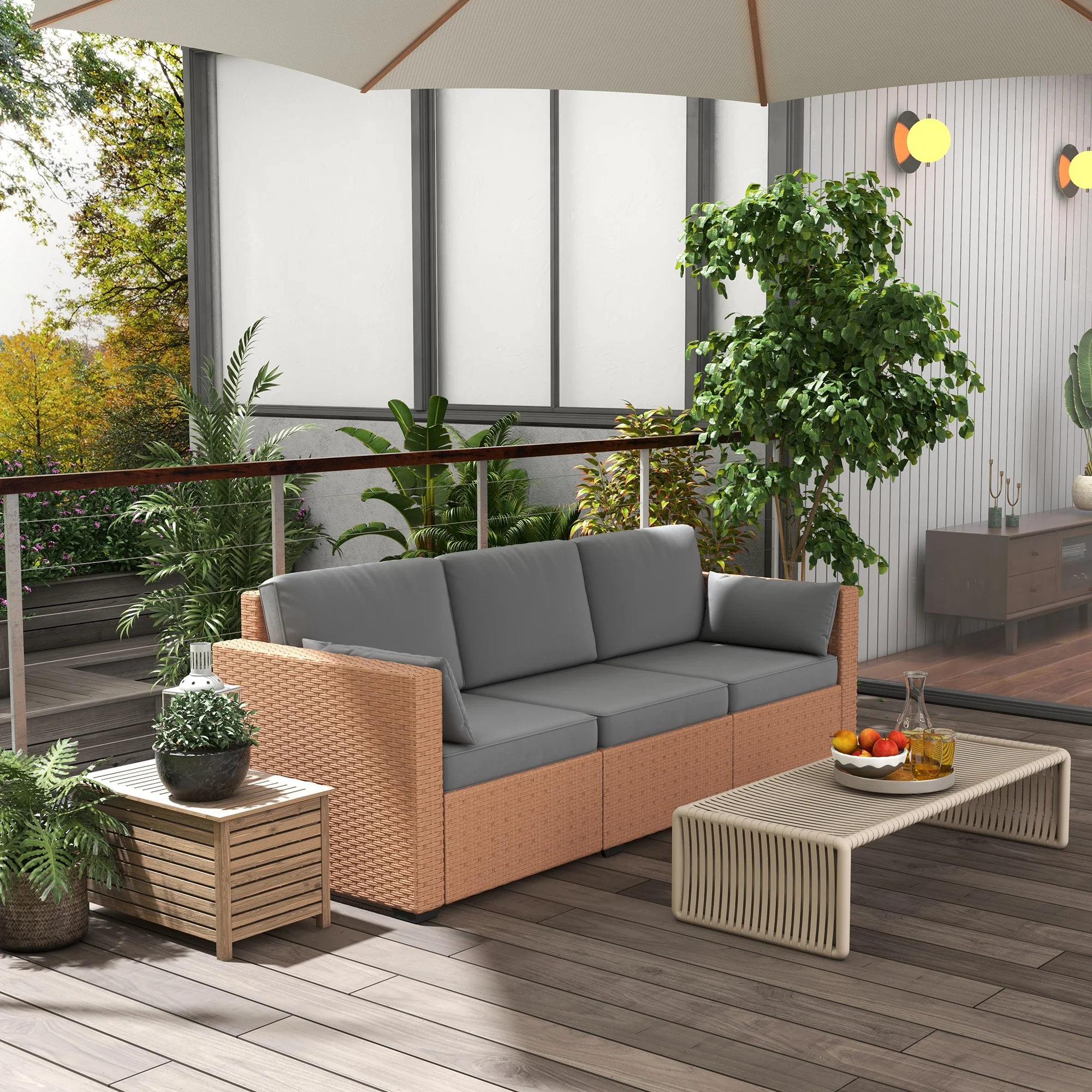 3-Seater PE Wicker Deep Seating Sofa with Removable Cushions, Sand - Image 3