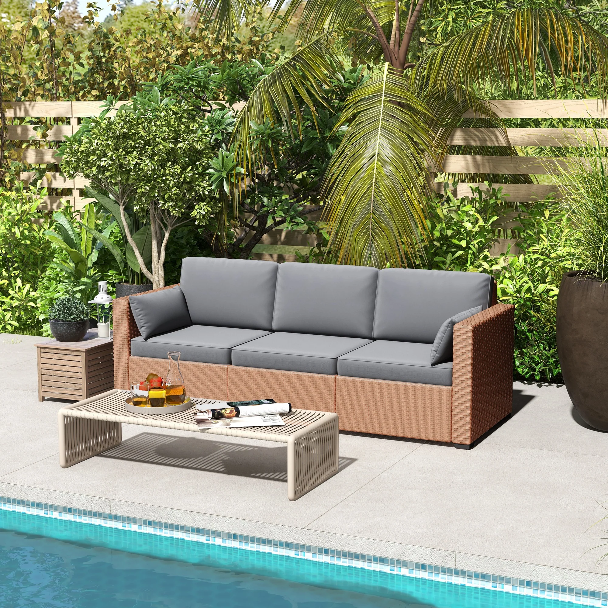 3-Seater PE Wicker Deep Seating Sofa with Removable Cushions, Sand - Image 4