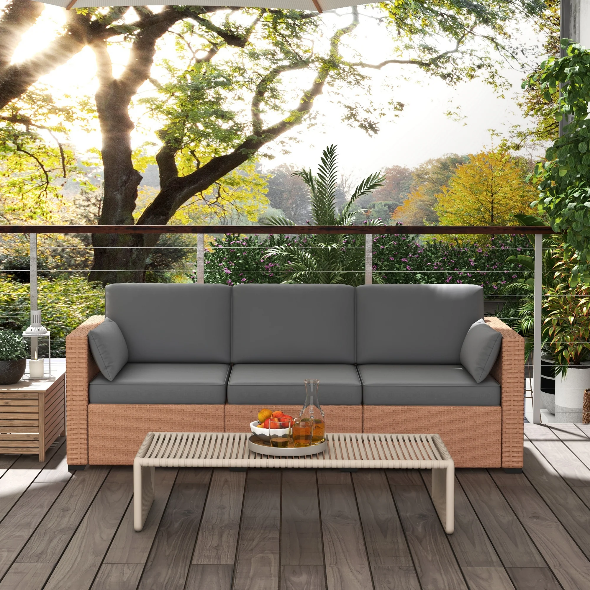3-Seater PE Wicker Deep Seating Sofa with Removable Cushions, Sand - Image 9