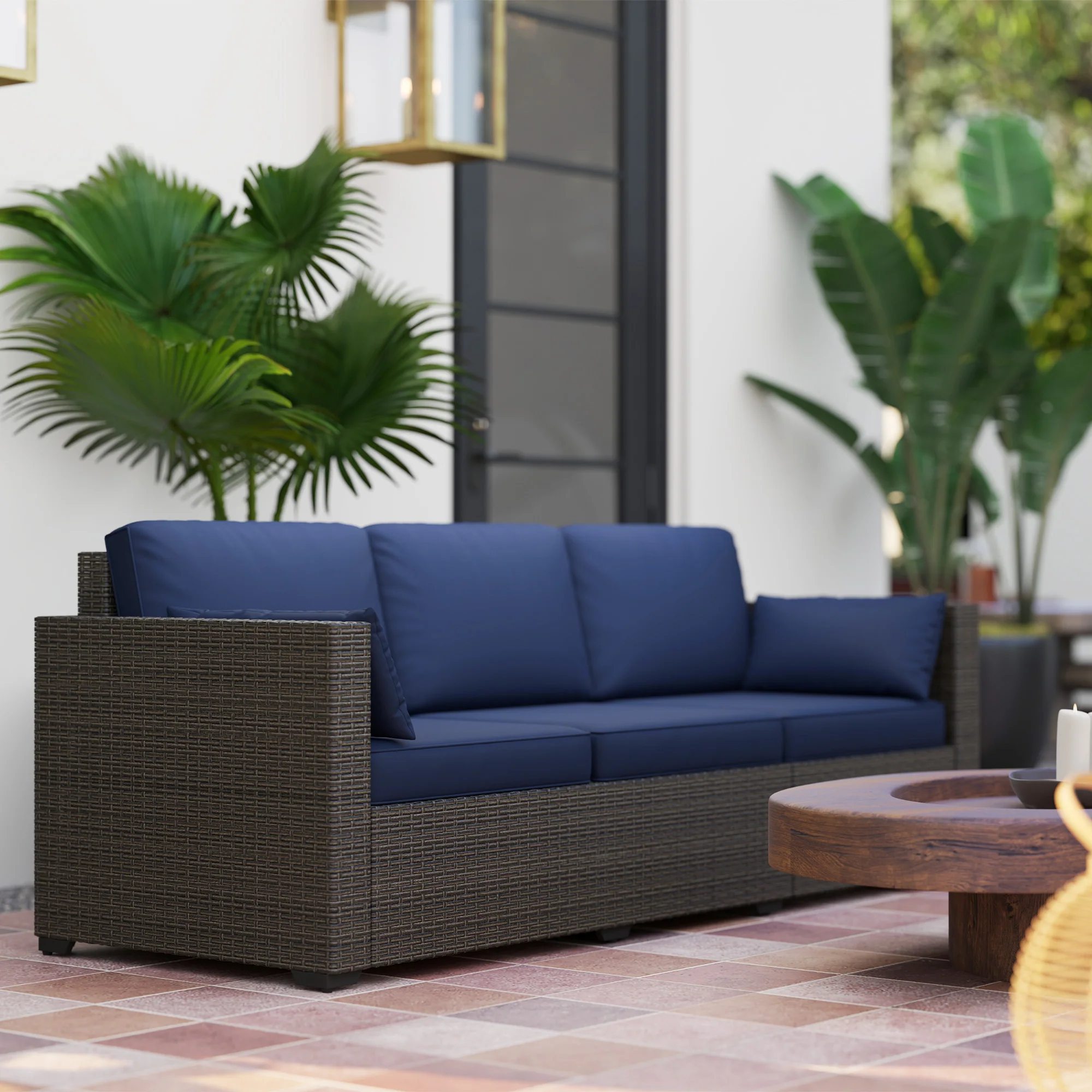 3-Seater PE Wicker Outdoor Sofa with Deep Seating & Removable Cushions, Navy Blue - Image 4