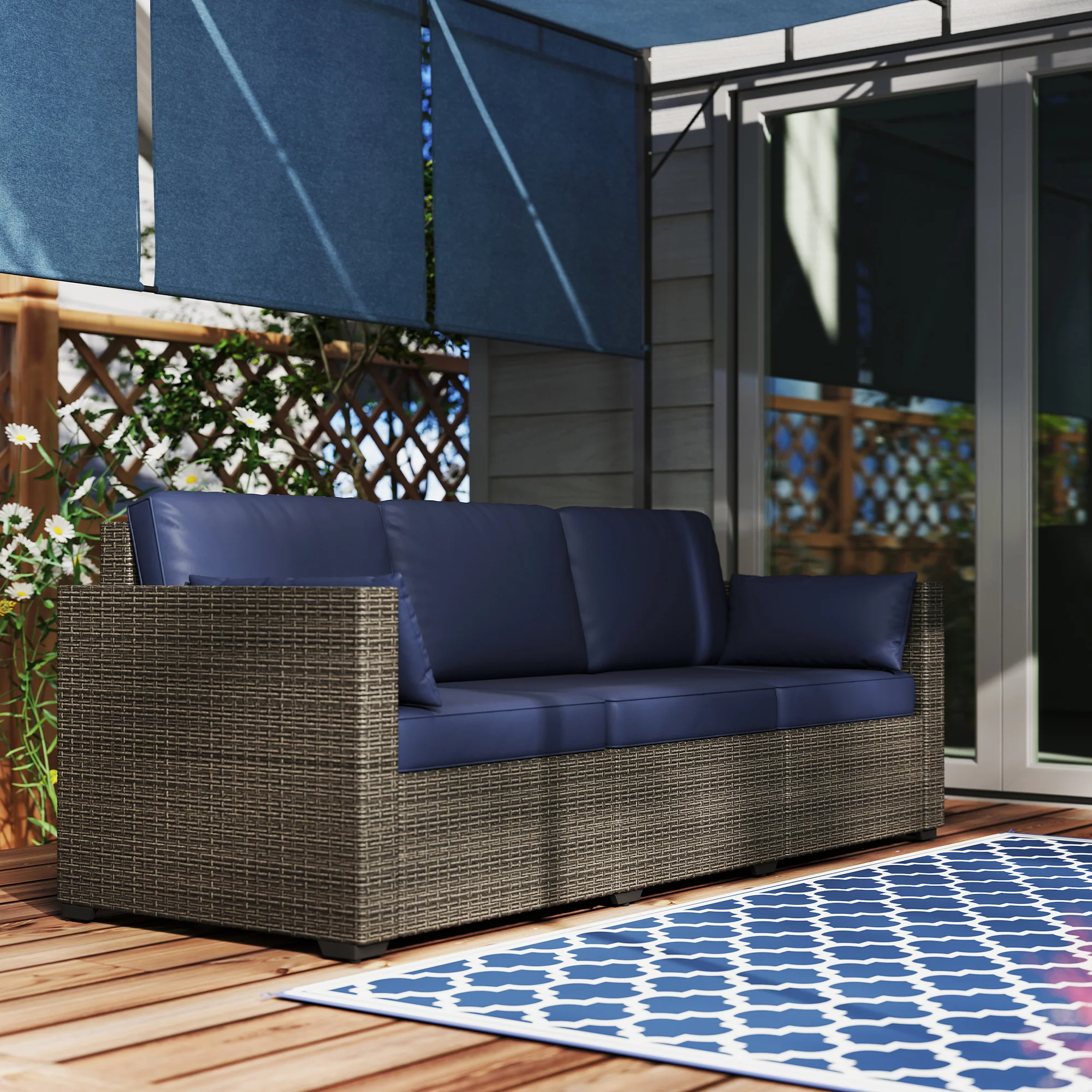 3-Seater PE Wicker Outdoor Sofa with Deep Seating & Removable Cushions, Navy Blue - Image 9