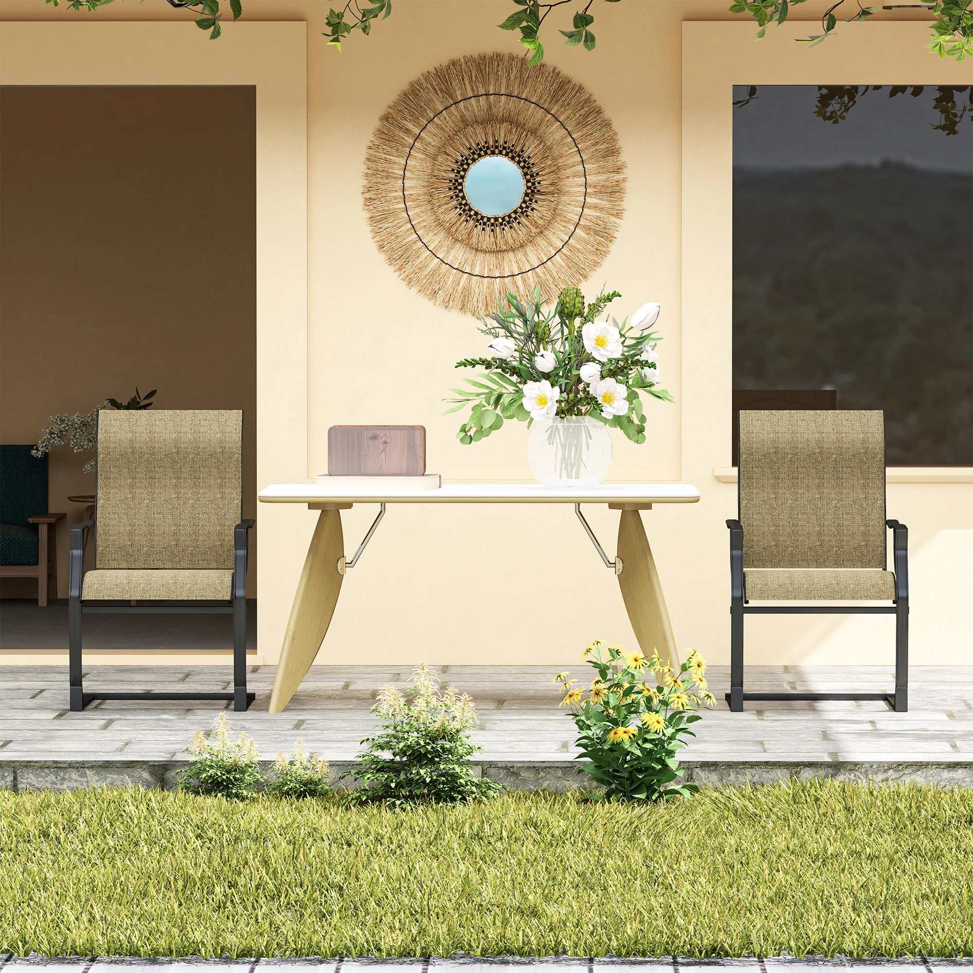 Set of 2 Patio Dining Chairs with Armrests, Breathable Fabric, 256LBS Capacity, Light Brown - Image 11