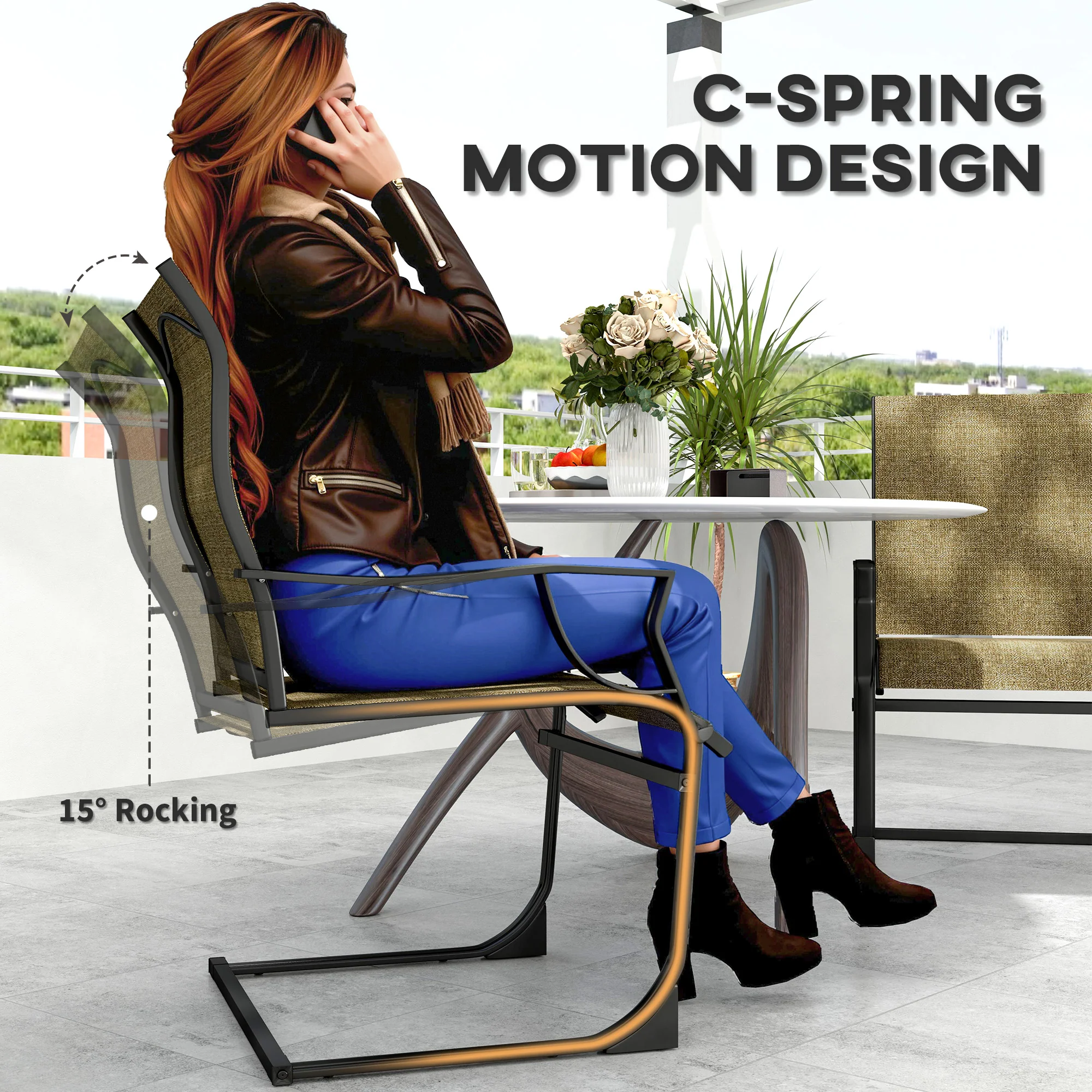 Set of 2 Patio Dining Chairs with Armrests, Breathable Fabric, 256LBS Capacity, Light Brown - Image 6