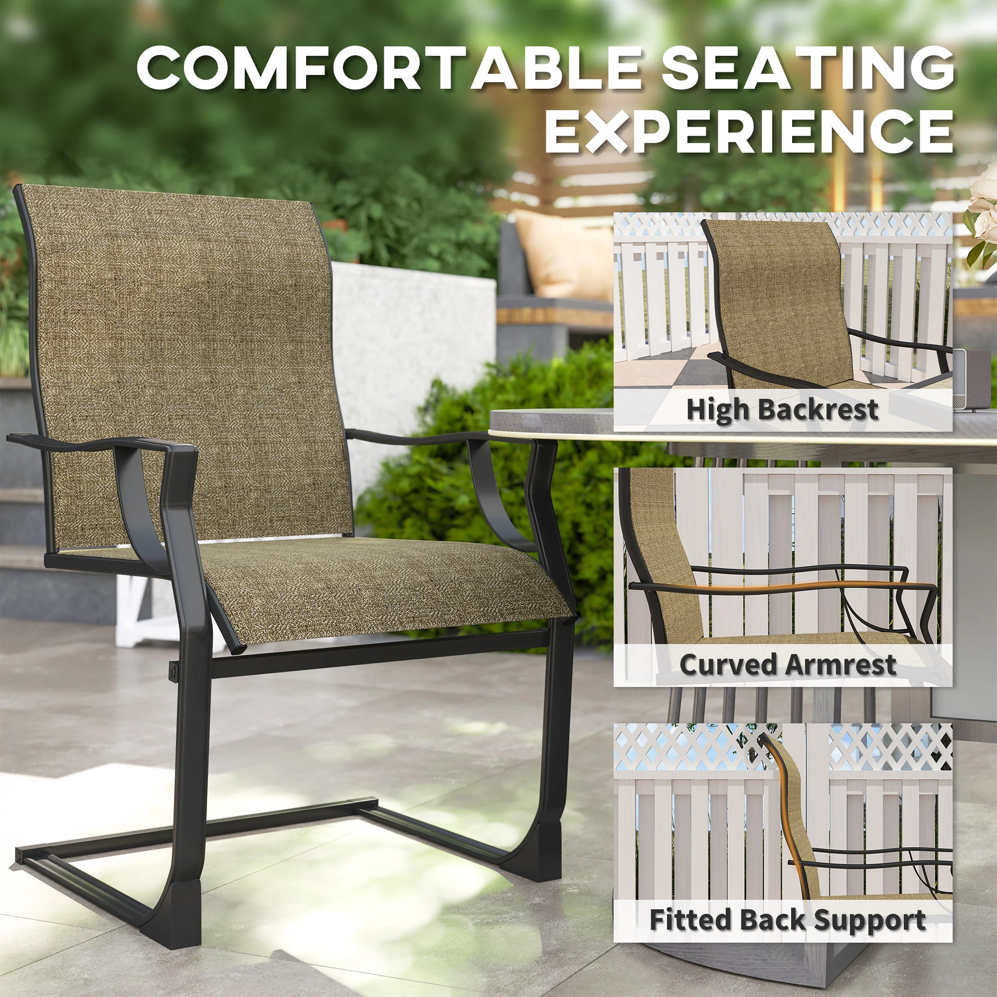 Set of 2 Patio Dining Chairs with Armrests, Breathable Fabric, 256LBS Capacity, Light Brown - Image 7
