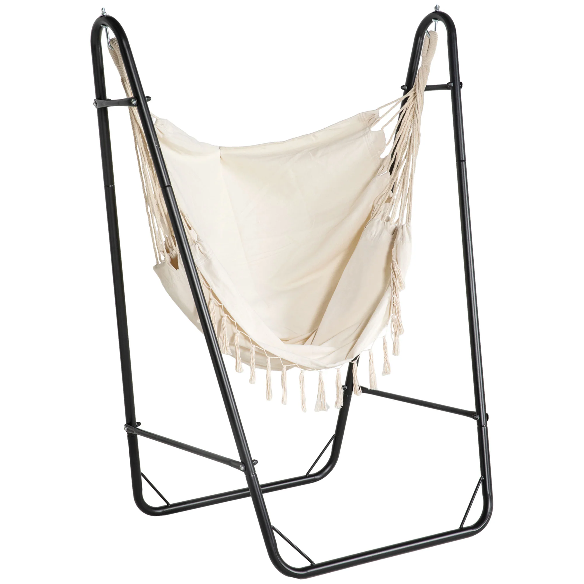 Hammock Swing Chair with U Shape Stand, Side Pocket, Black/Cream White - Image 12