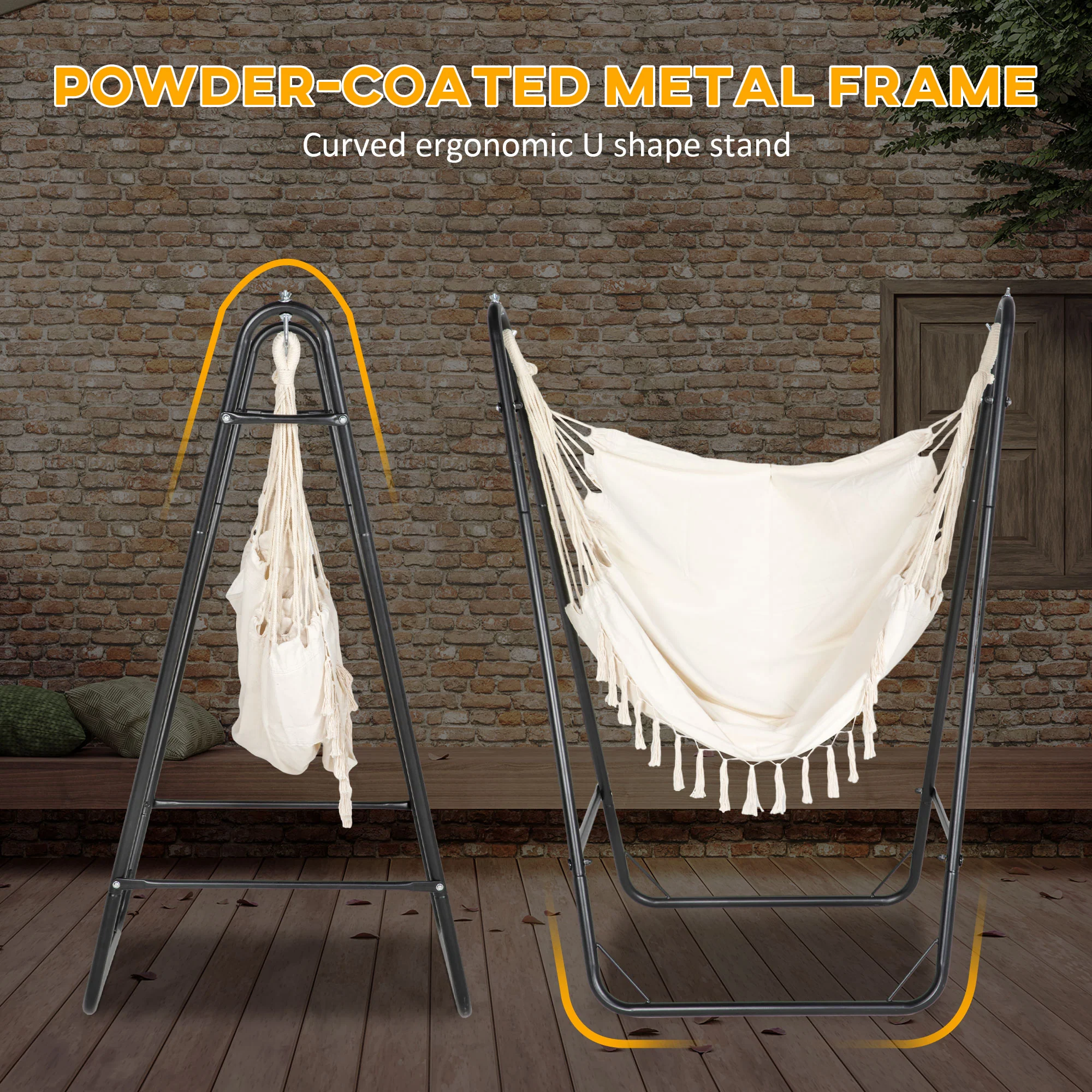Hammock Swing Chair with U Shape Stand, Side Pocket, Black/Cream White - Image 6