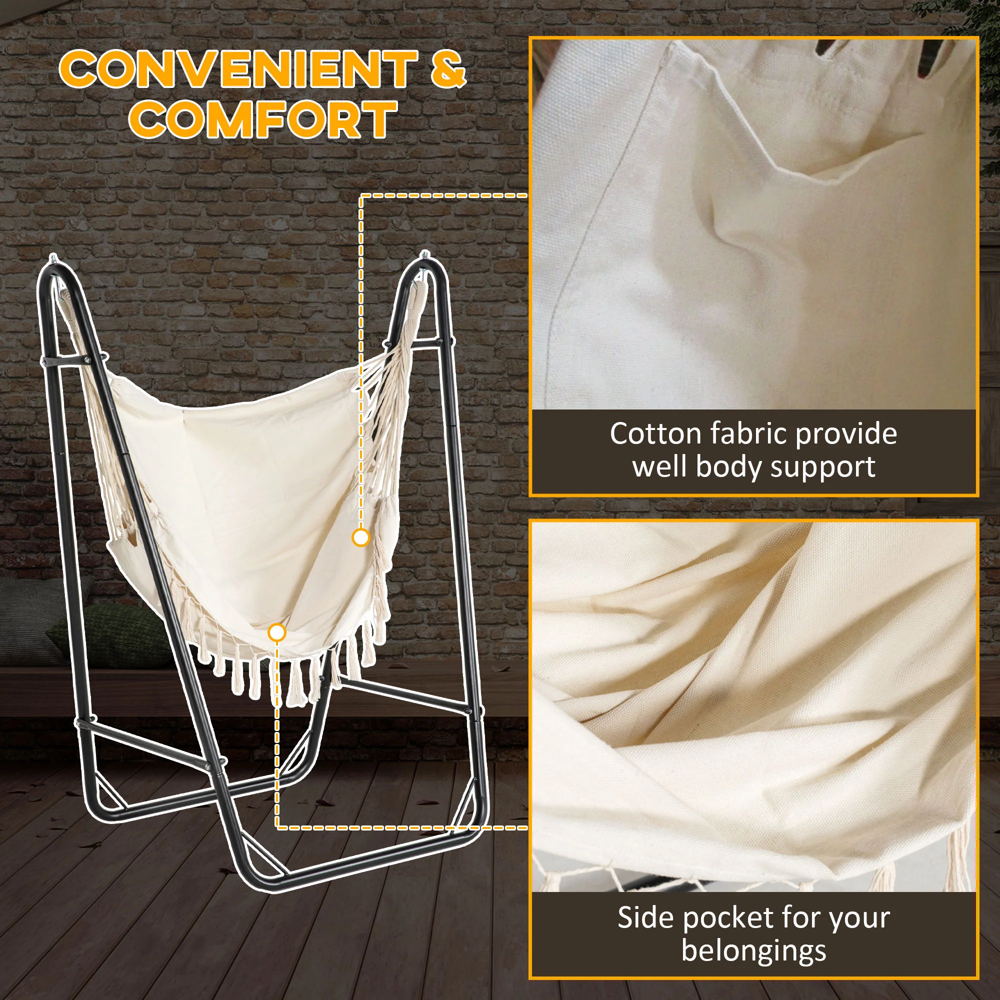 Hammock Swing Chair with U Shape Stand, Side Pocket, Black/Cream White - Image 7