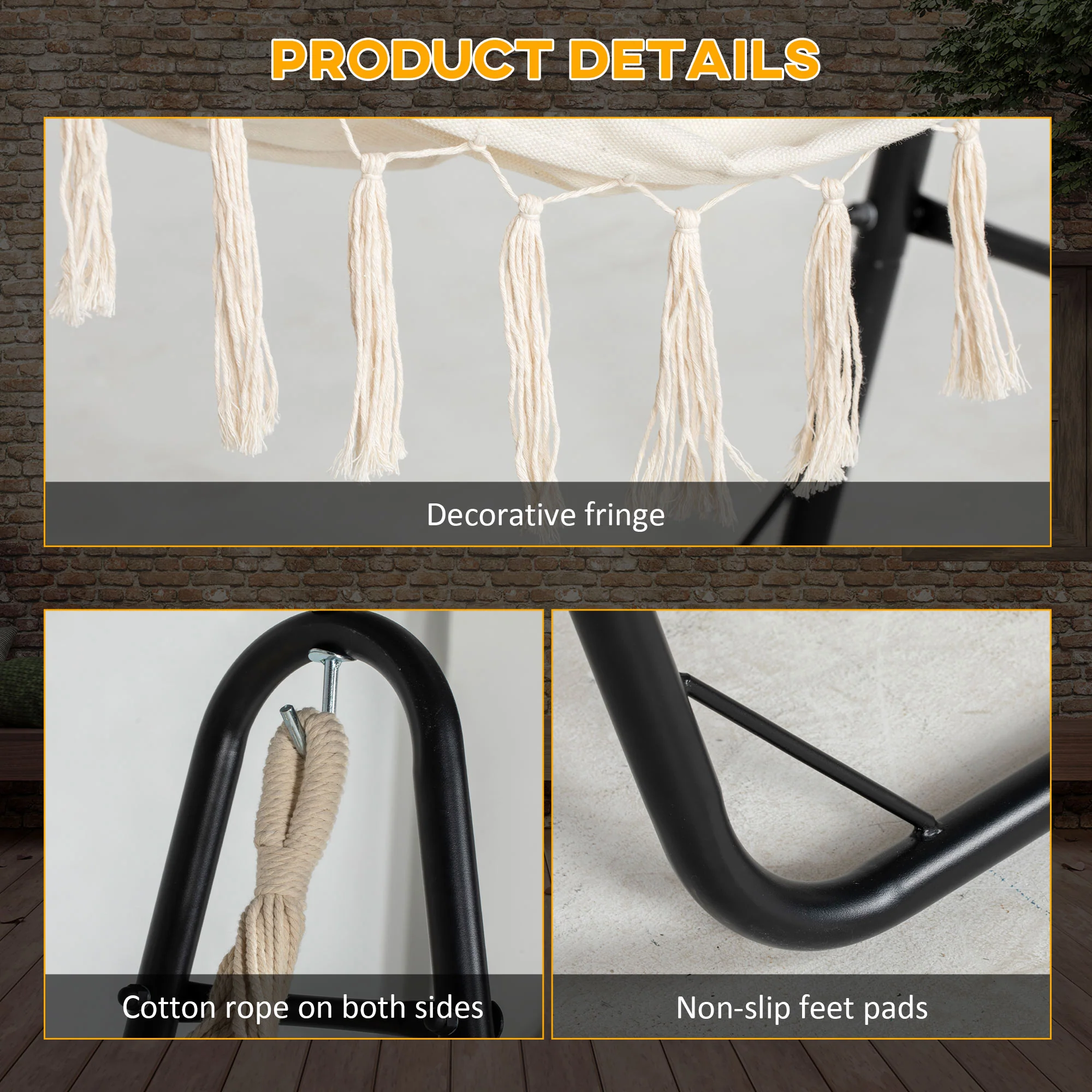 Hammock Swing Chair with U Shape Stand, Side Pocket, Black/Cream White - Image 8