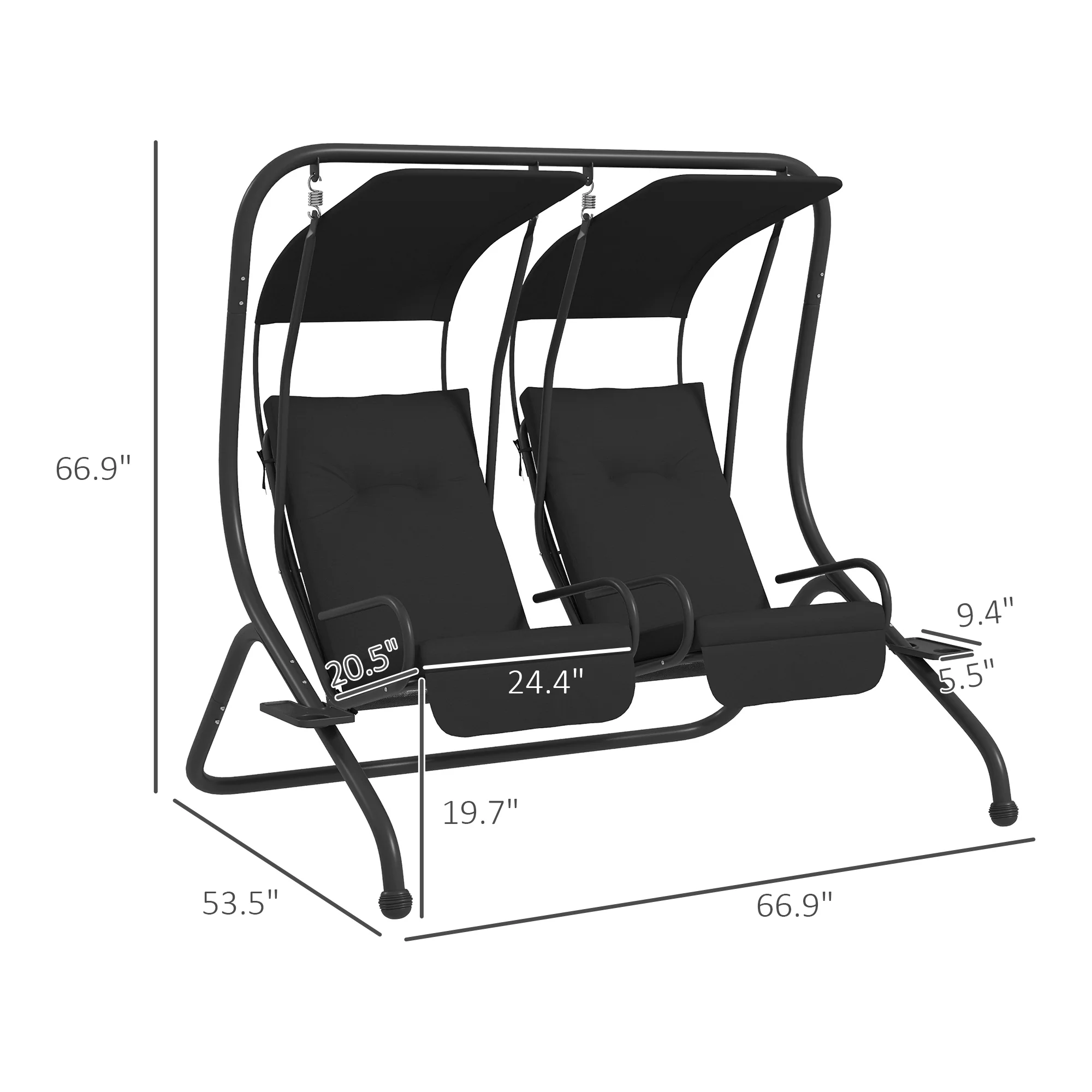 2-Person Outdoor Porch Swing with Solid Steel Frame & Cup Holders for Backyard, Garden, Black - Image 5