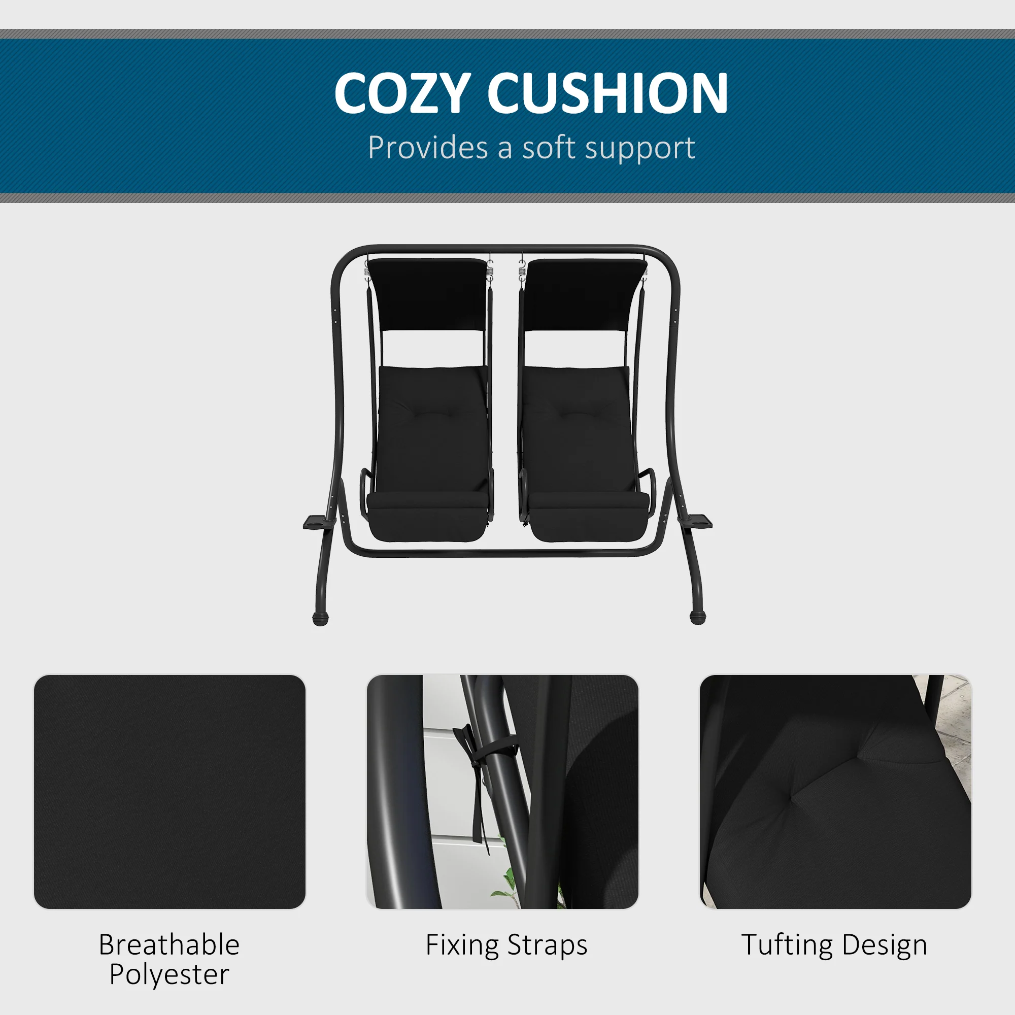 2-Person Outdoor Porch Swing with Solid Steel Frame & Cup Holders for Backyard, Garden, Black - Image 8