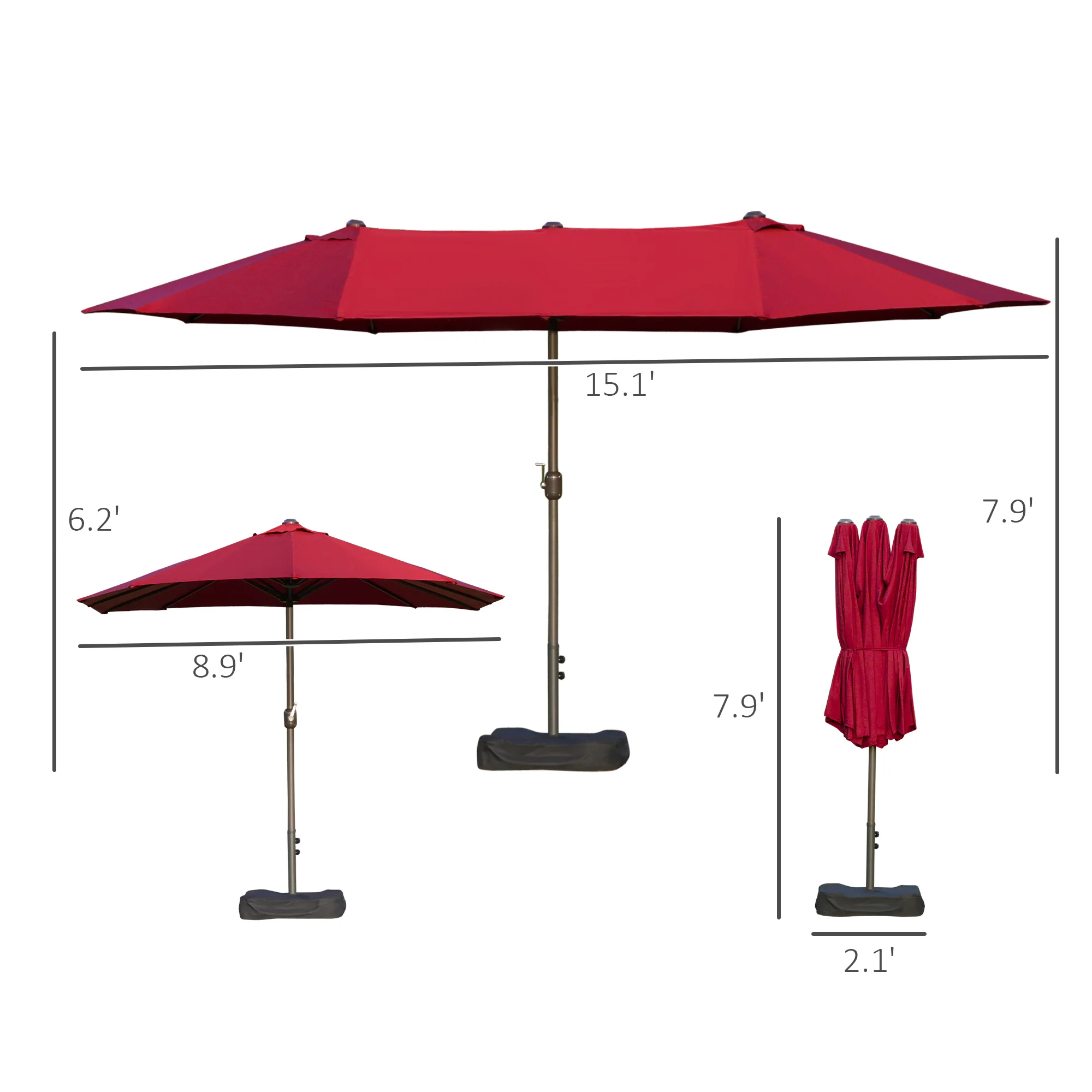 15' Rectangular Double-Sided Market Umbrella w/ Base, UV Protection & Crank, Wine Red - Image 5