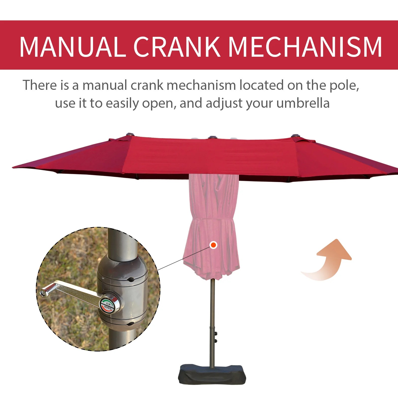 15' Rectangular Double-Sided Market Umbrella w/ Base, UV Protection & Crank, Wine Red - Image 7