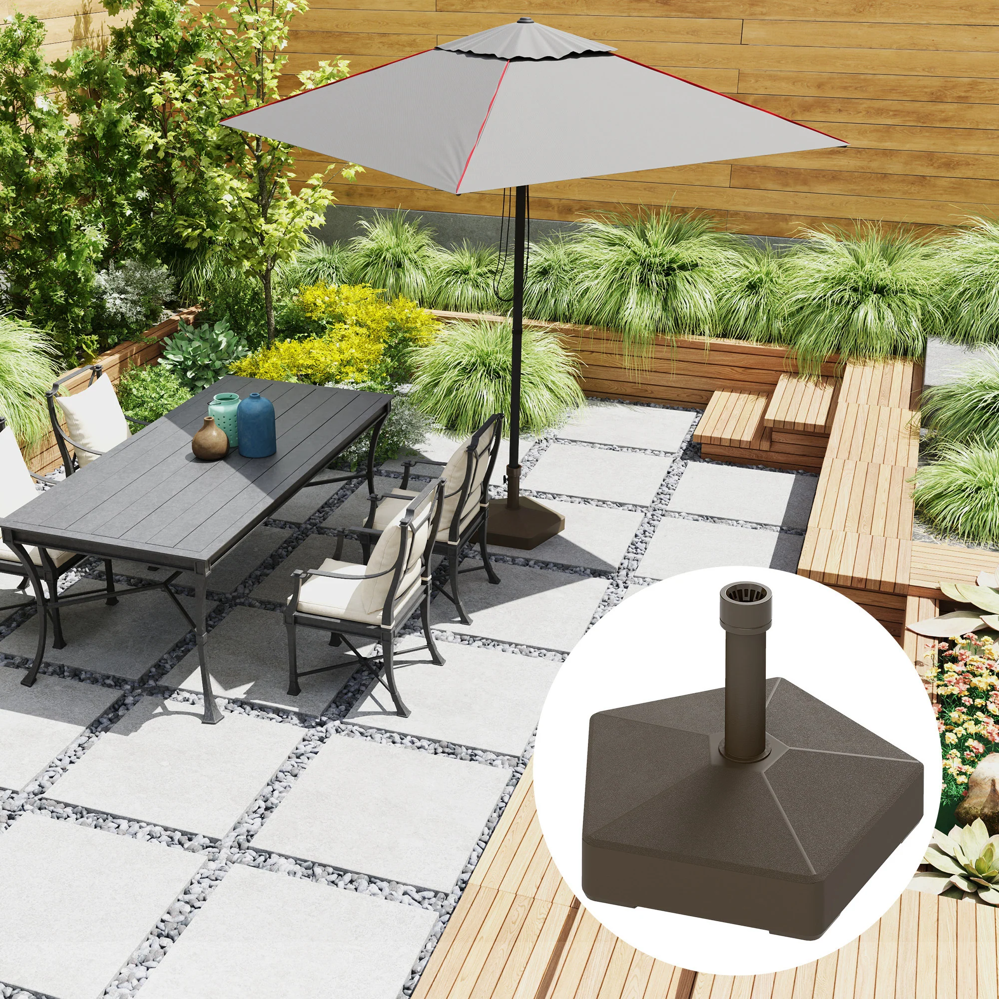 Patio Umbrella Base Holder, Heavy Duty Outdoor Umbrella Stand Base, Filled Up to 42lbs with Stand or 33lbs with Water for Garden, Poolside, Brown - Image 4