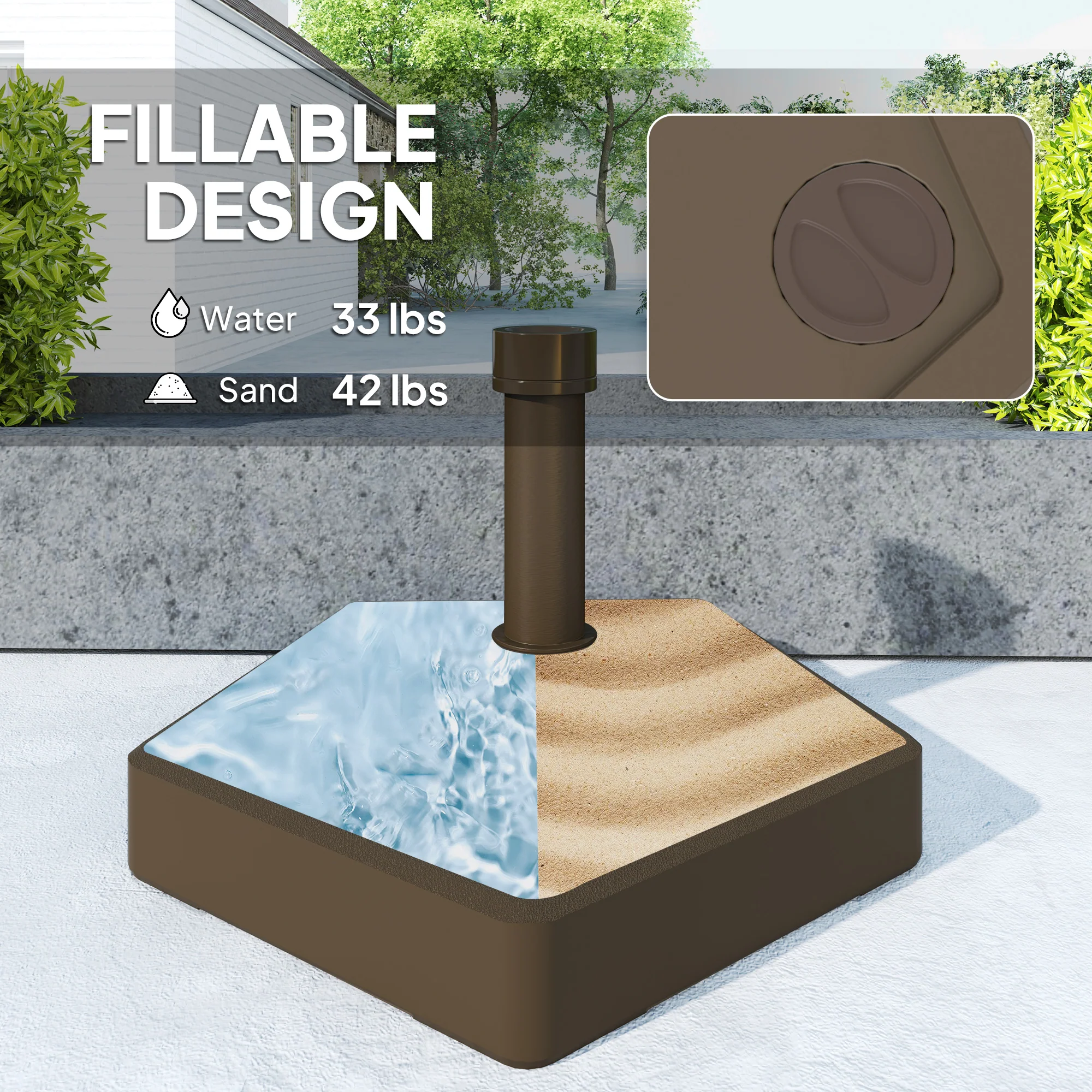 Patio Umbrella Base Holder, Heavy Duty Outdoor Umbrella Stand Base, Filled Up to 42lbs with Stand or 33lbs with Water for Garden, Poolside, Brown - Image 6