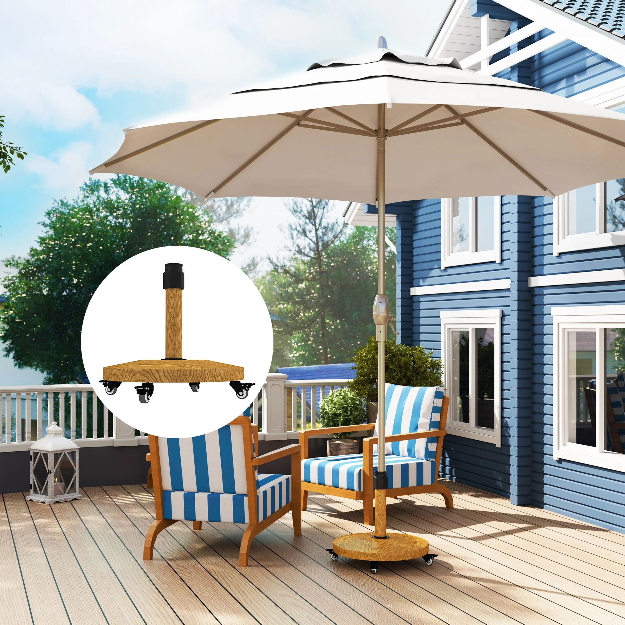 Patio Umbrella Base Holder, Outdoor Umbrella Base with Wheels, Heavy Duty Patio Umbrella Stand Base for Garden, Poolside, Nature Wood - Image 3