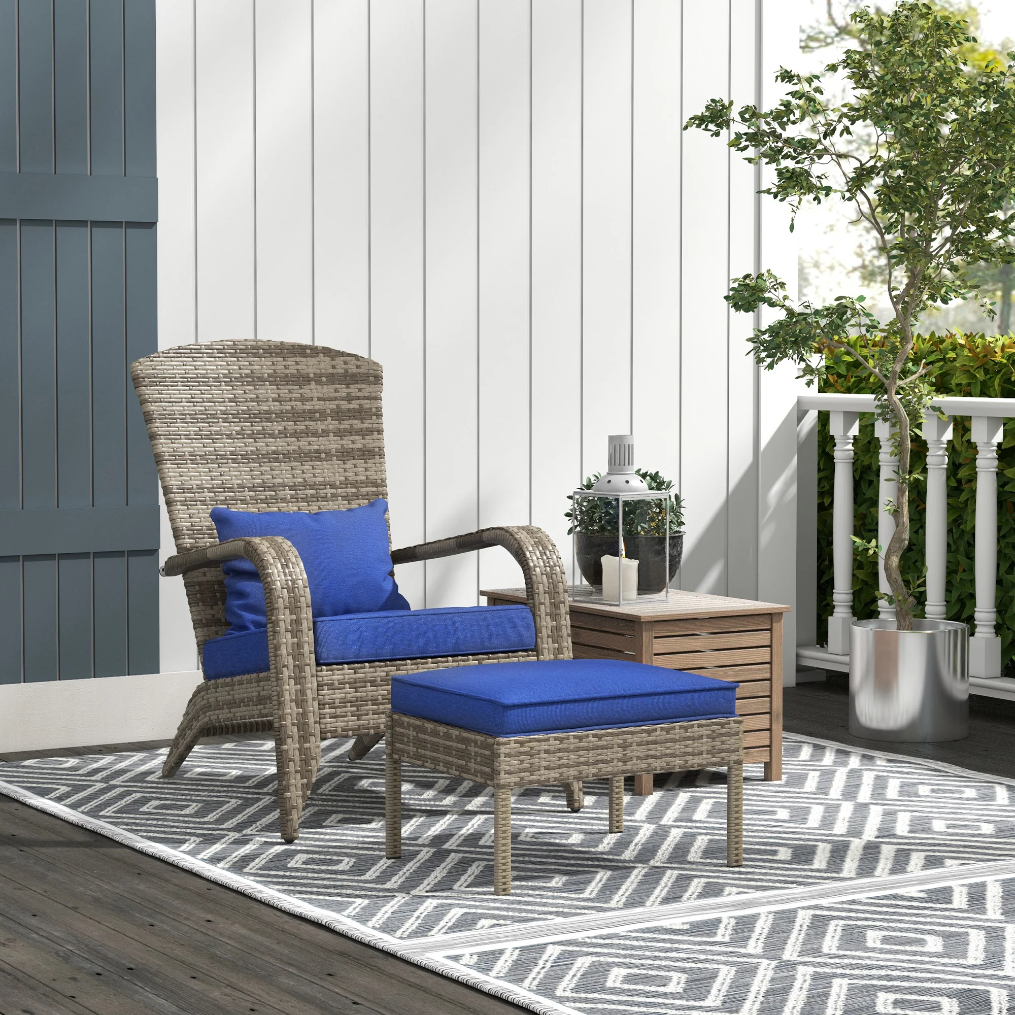 Porch Chair with Ottoman, Outdoor Fire Pit Chair with Cushions, High-Back, Dark Blue - Image 3