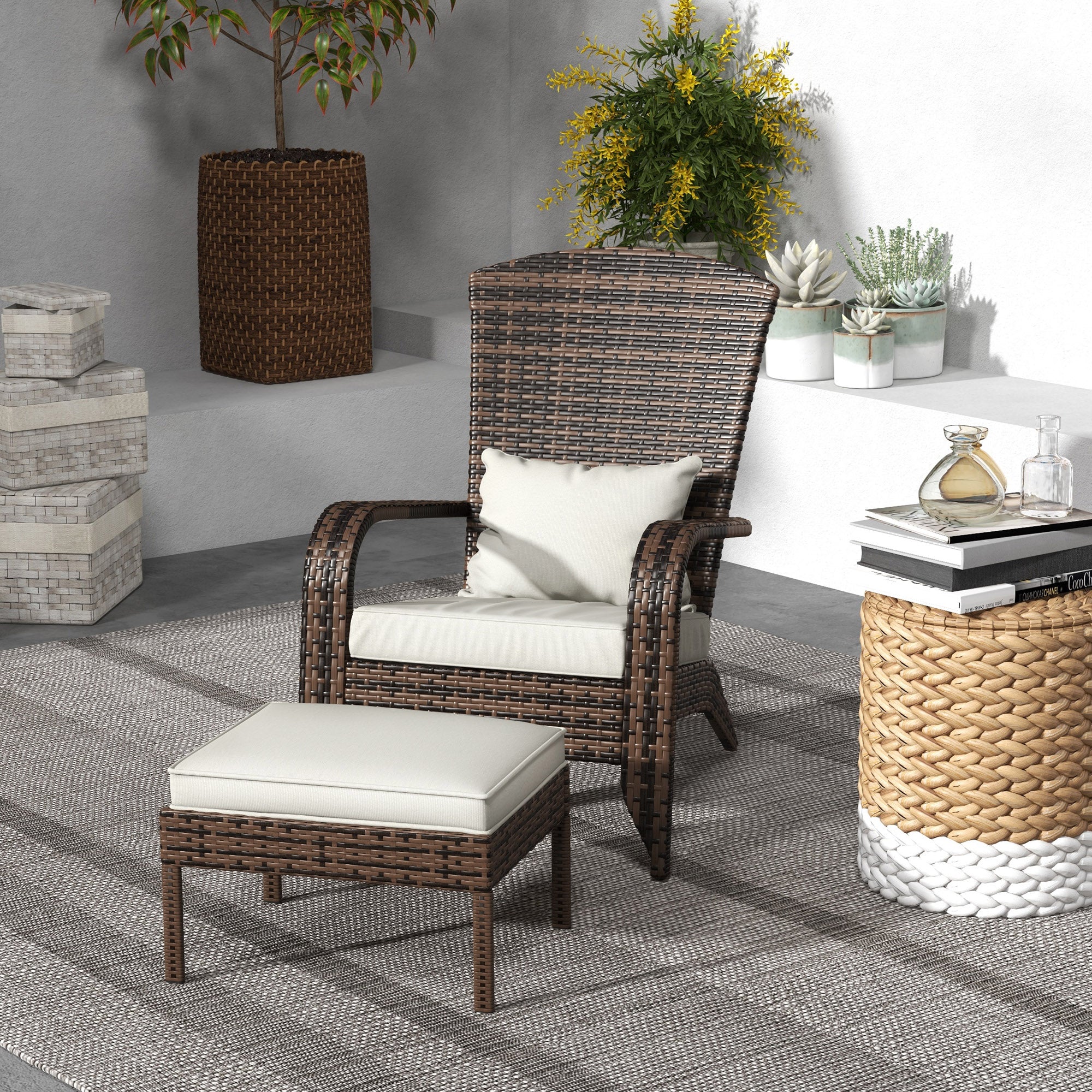 Porch Chair with Ottoman, Outdoor Fire Pit Chair with Cushions, High-Back, Cream White - Image 4