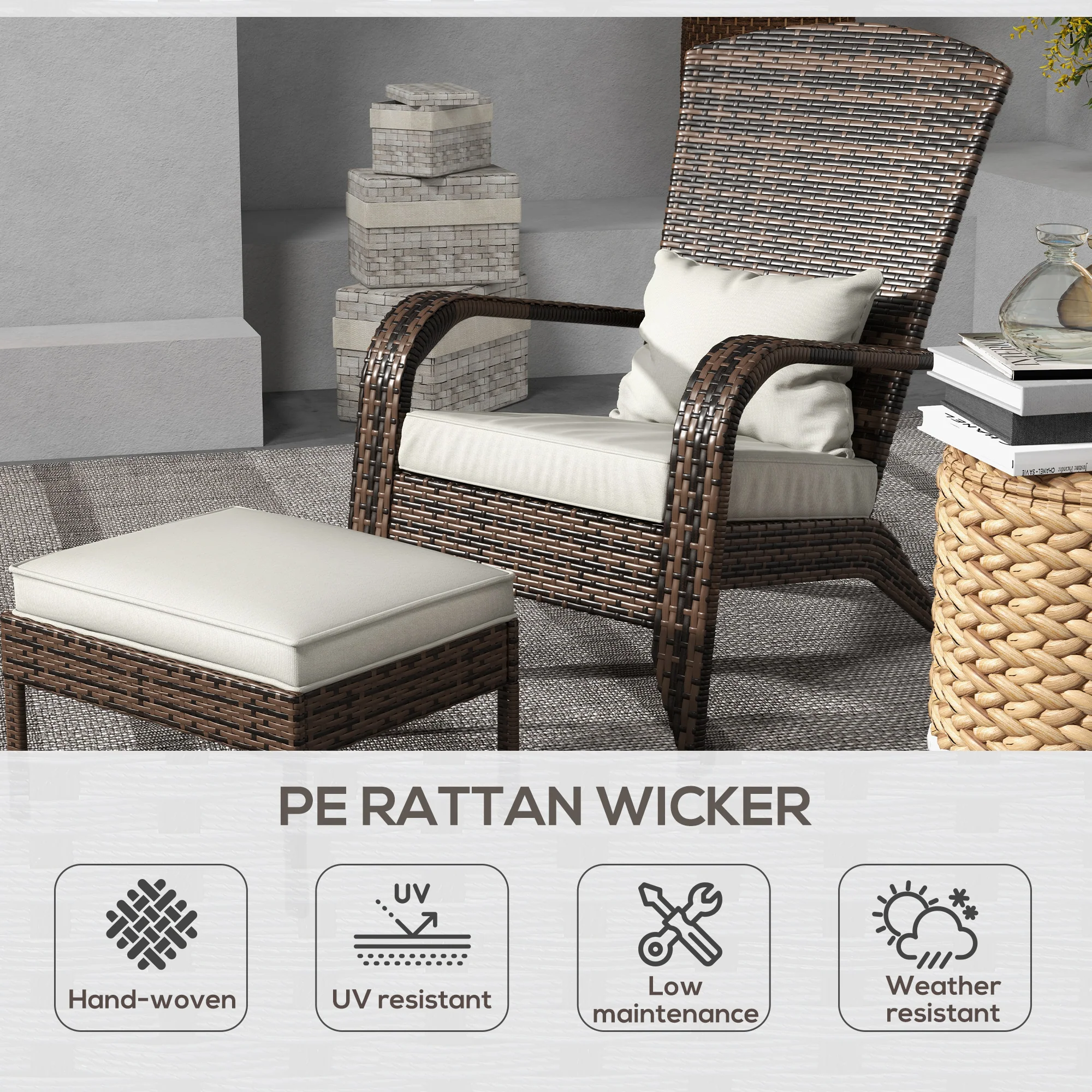 Porch Chair with Ottoman, Outdoor Fire Pit Chair with Cushions, High-Back, Cream White - Image 6