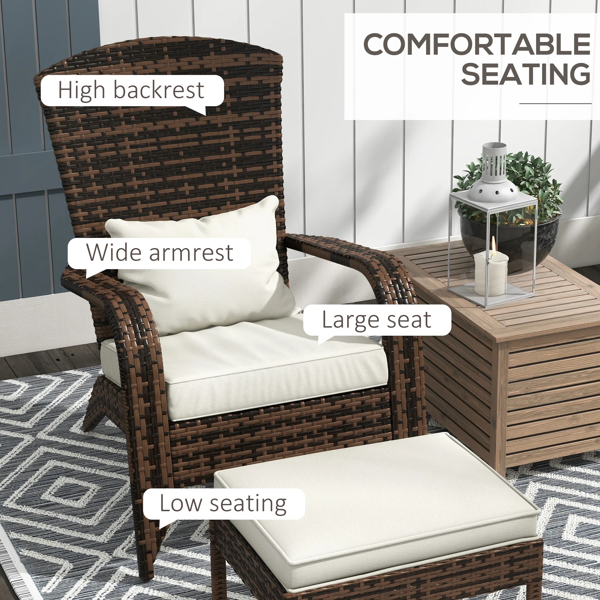 Porch Chair with Ottoman, Outdoor Fire Pit Chair with Cushions, High-Back, Cream White - Image 7