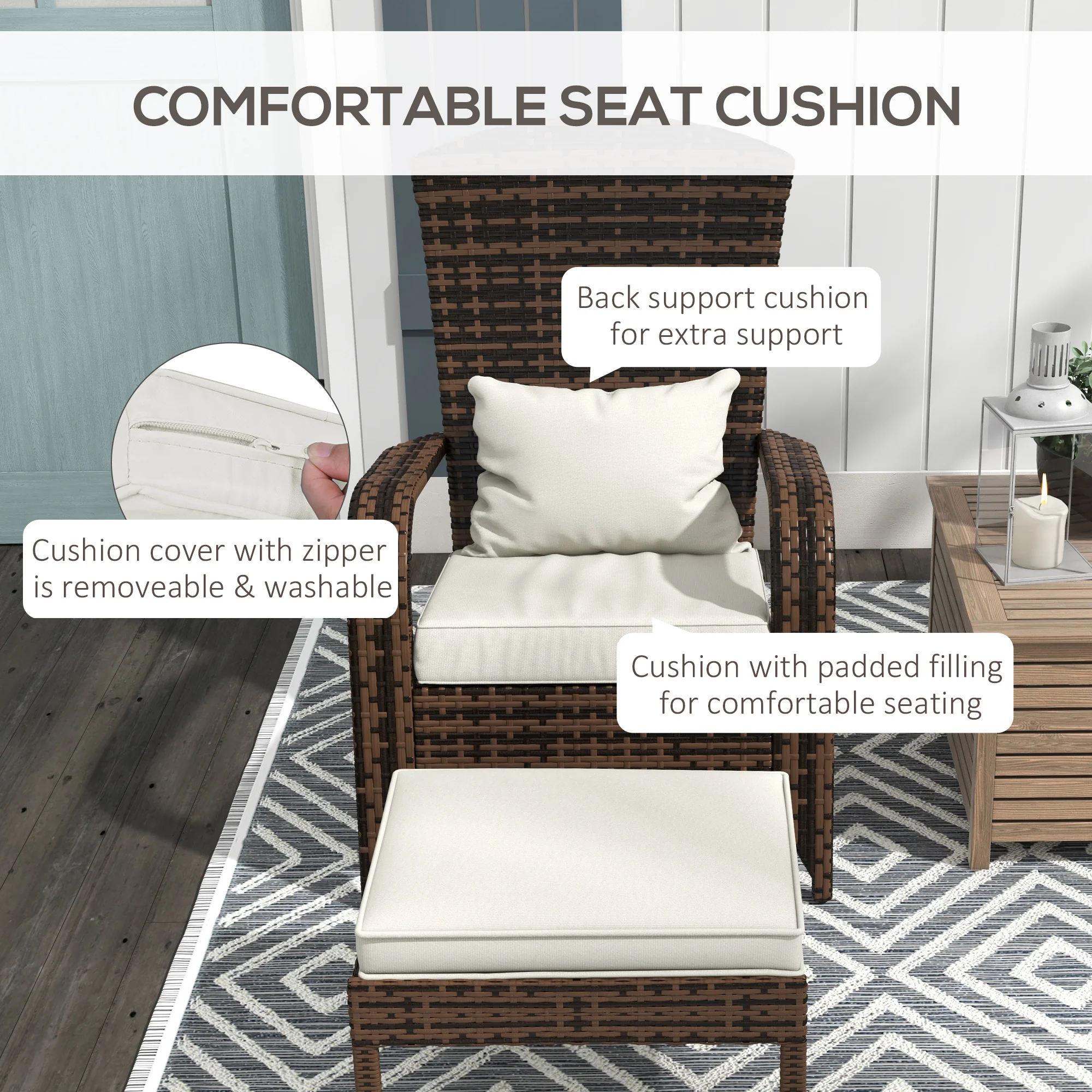 Porch Chair with Ottoman, Outdoor Fire Pit Chair with Cushions, High-Back, Cream White - Image 8