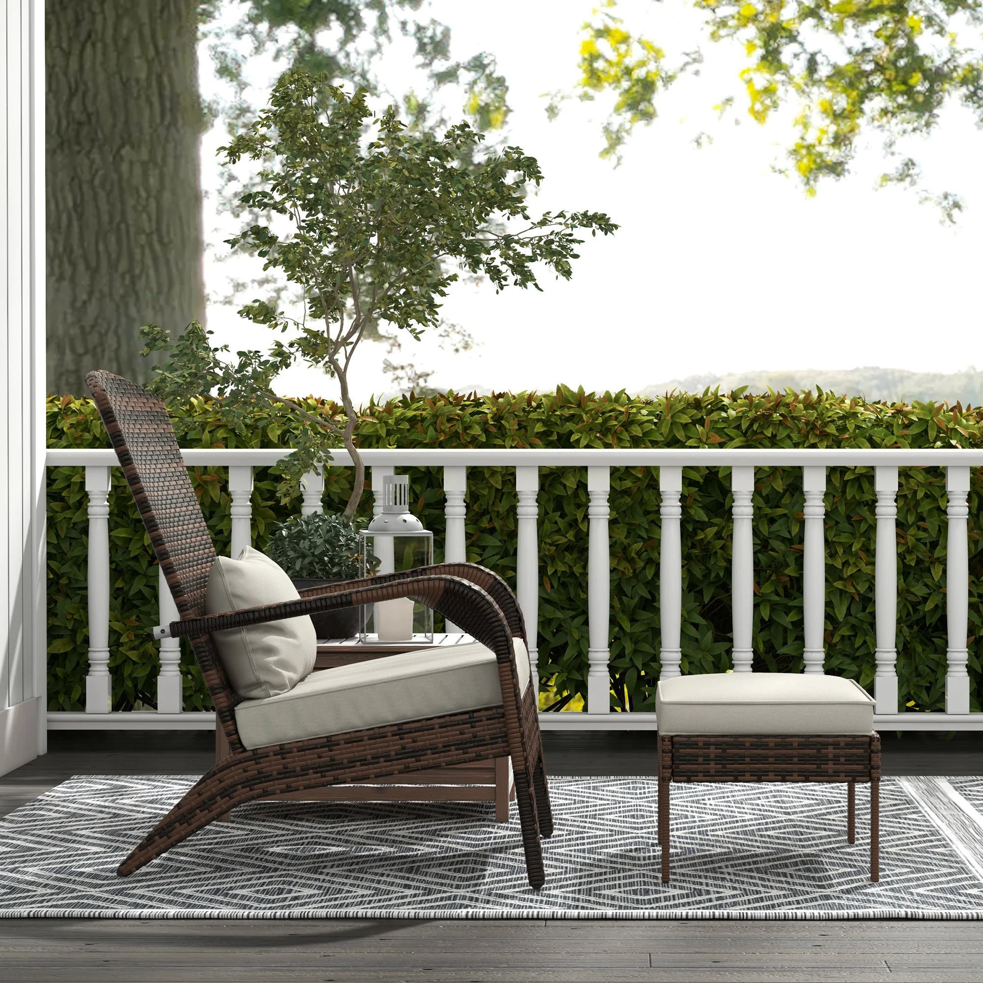 Porch Chair with Ottoman, Outdoor Fire Pit Chair with Cushions, High-Back, Cream White - Image 9