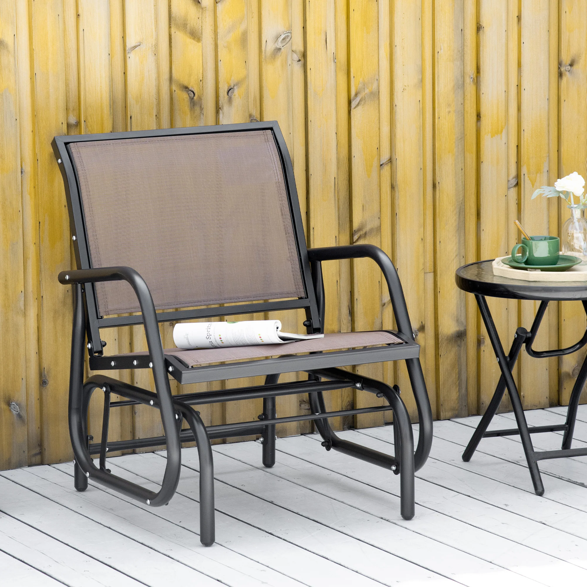 Steel Frame Swing Glider Chair with Breathable Mesh & Curved Armrests, Brown - Image 3