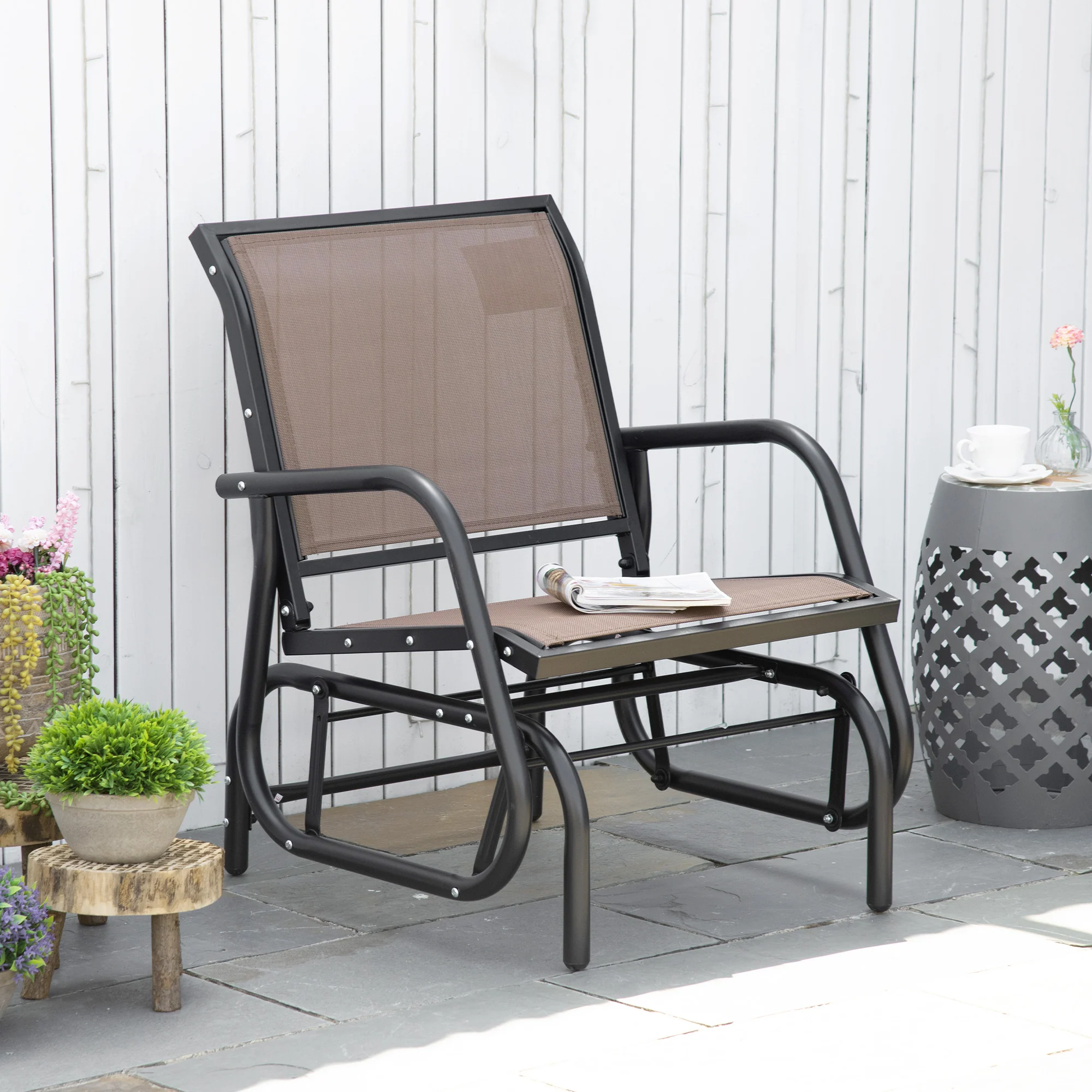 Steel Frame Swing Glider Chair with Breathable Mesh & Curved Armrests, Brown - Image 4