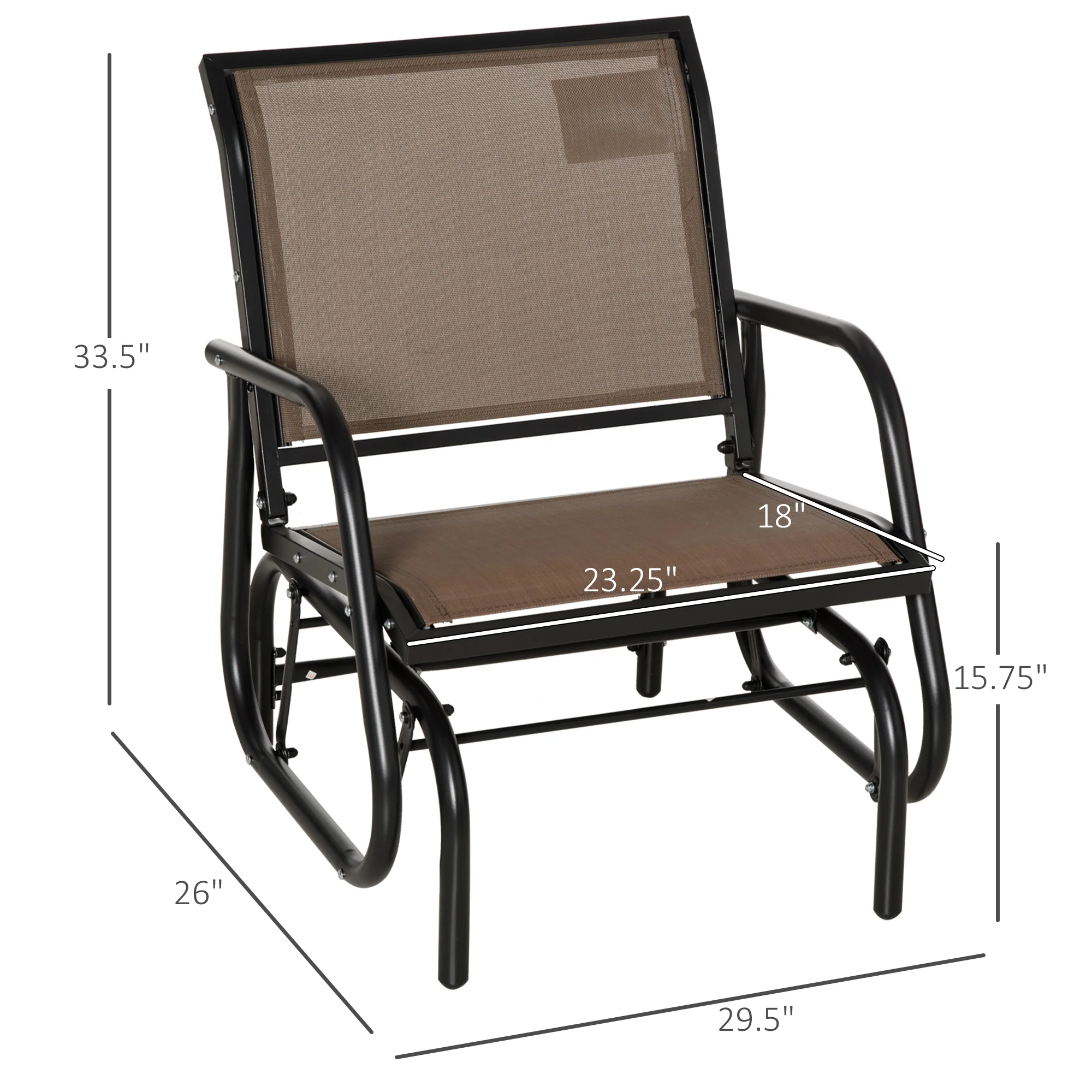 Steel Frame Swing Glider Chair with Breathable Mesh & Curved Armrests, Brown - Image 5