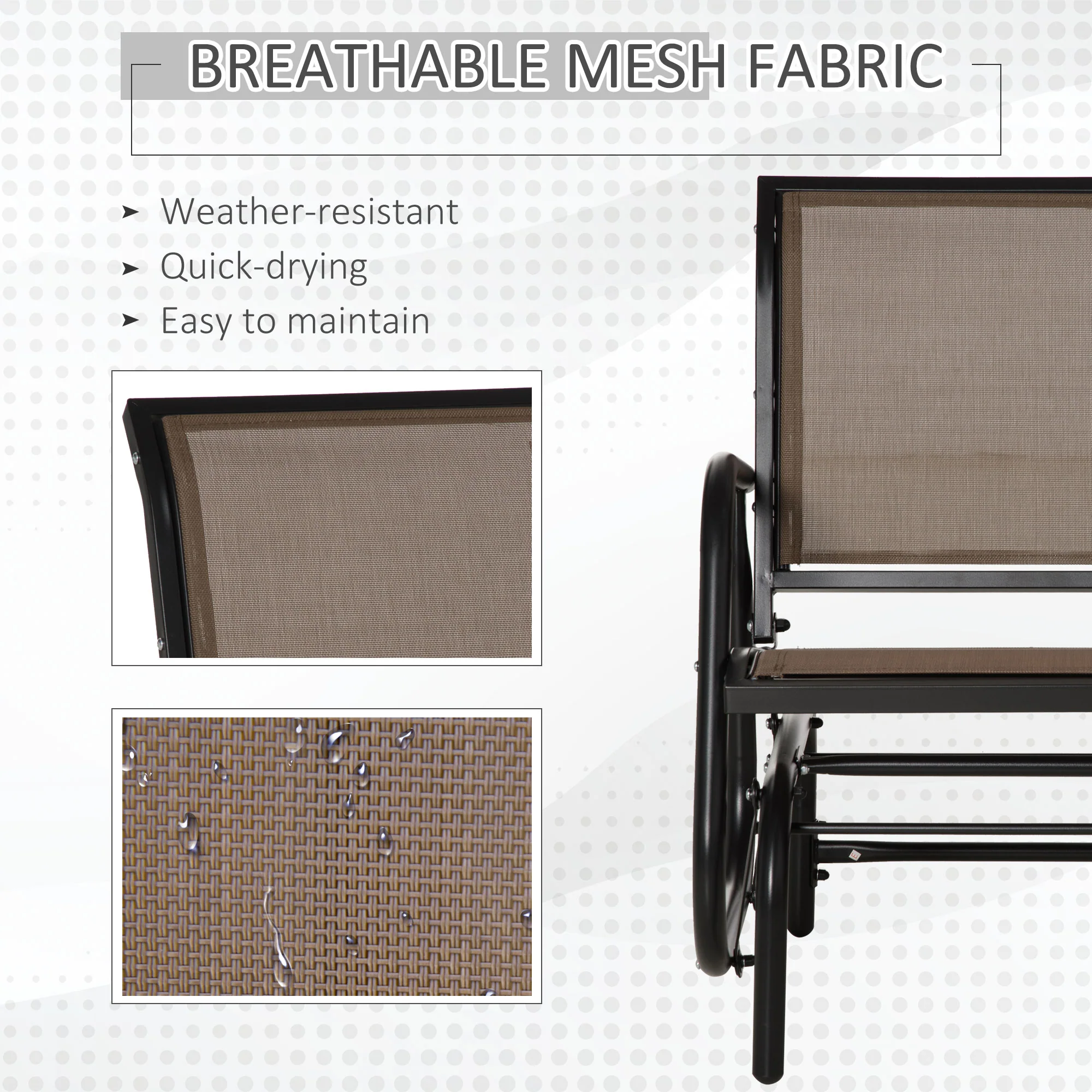 Steel Frame Swing Glider Chair with Breathable Mesh & Curved Armrests, Brown - Image 7