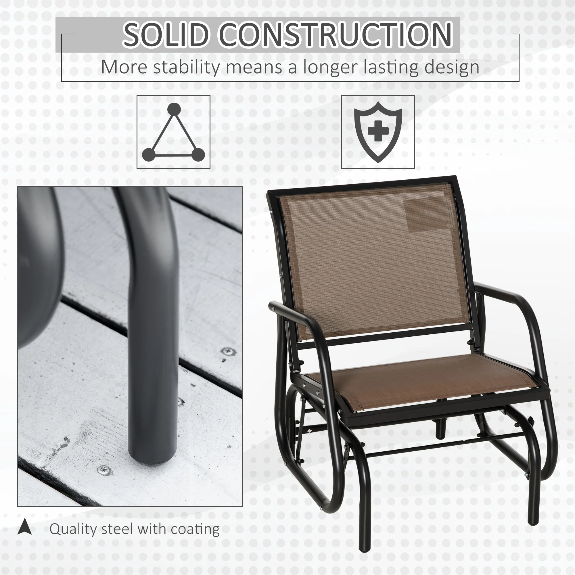 Steel Frame Swing Glider Chair with Breathable Mesh & Curved Armrests, Brown - Image 8