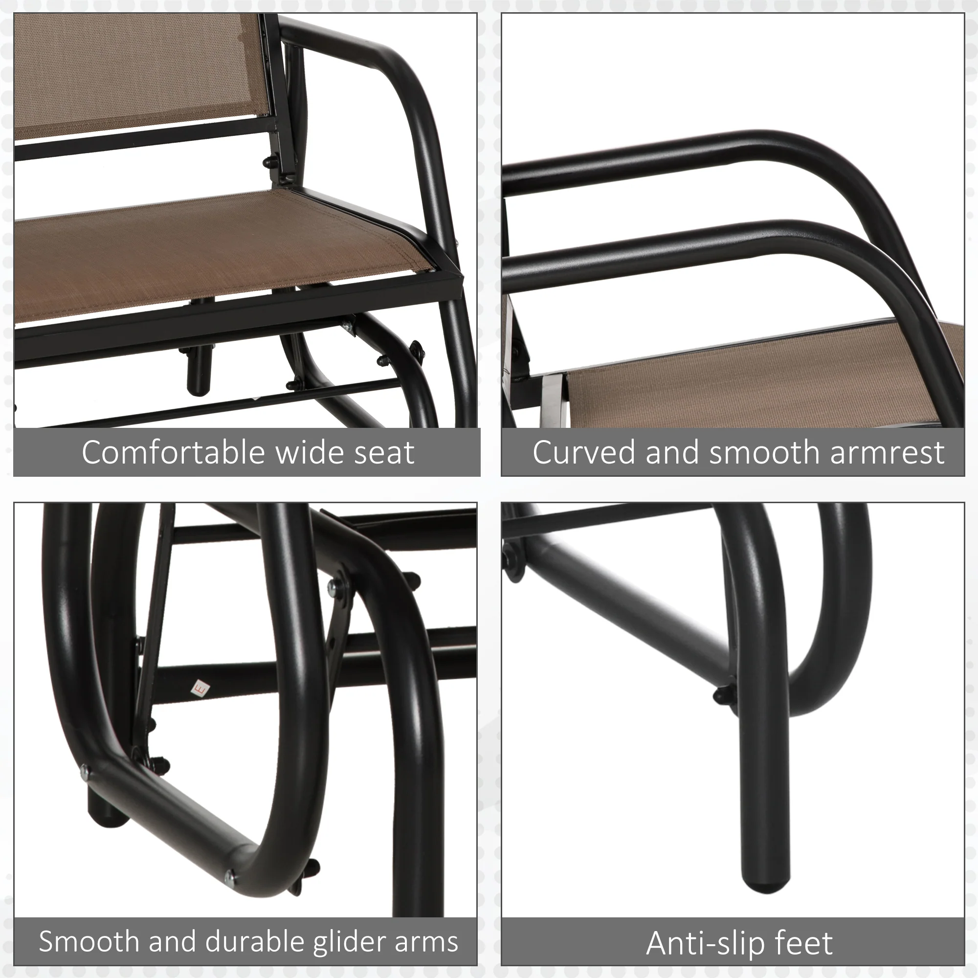 Steel Frame Swing Glider Chair with Breathable Mesh & Curved Armrests, Brown - Image 9