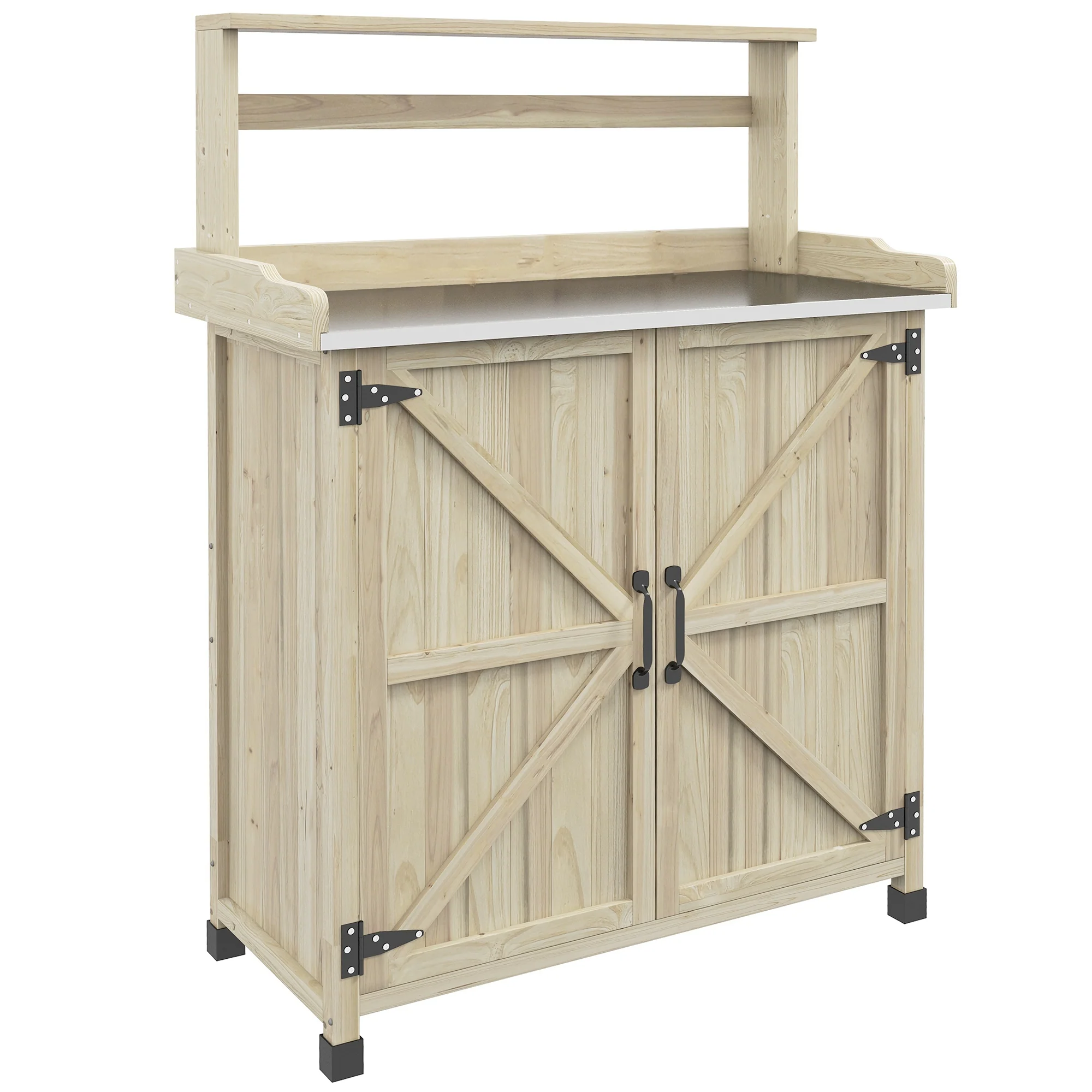 Outdoor Potting Bench Table with Storage Cabinet, Aluminum Tabletop, Rubber Wheels, Natural - Image 12