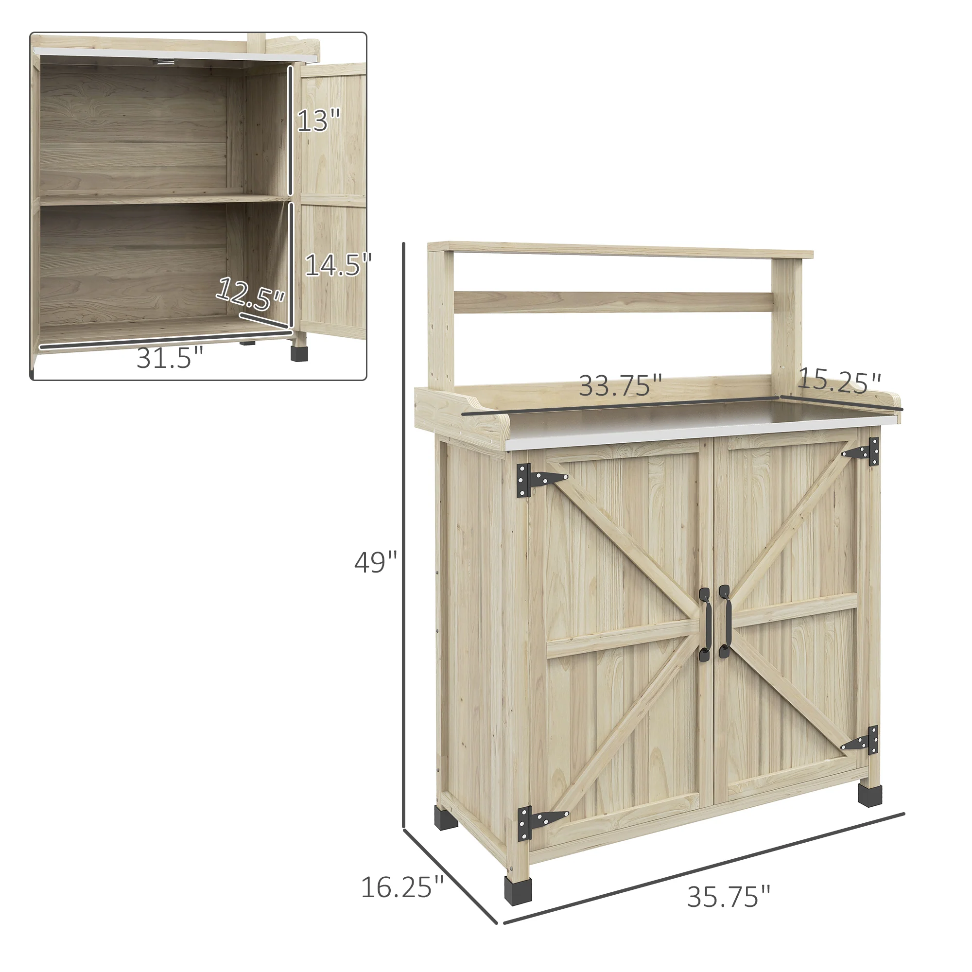 Outdoor Potting Bench Table with Storage Cabinet, Aluminum Tabletop, Rubber Wheels, Natural - Image 5