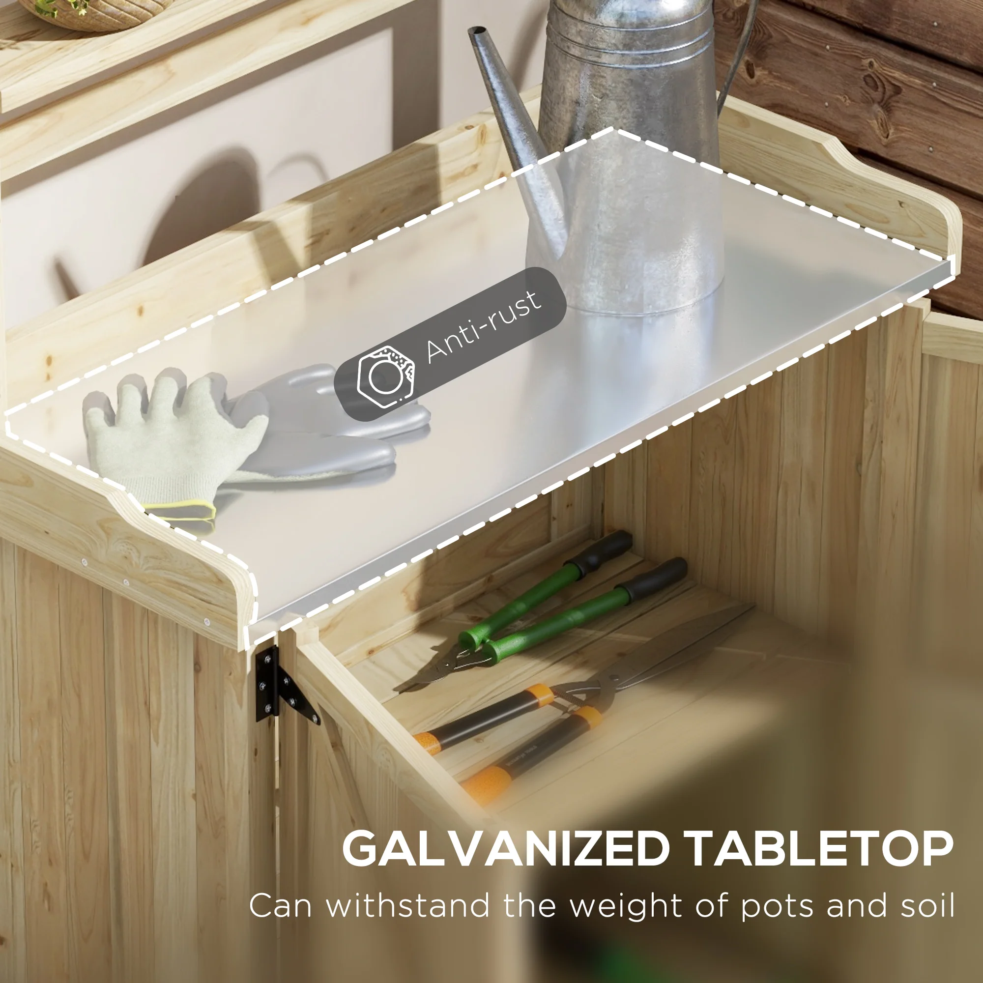 Outdoor Potting Bench Table with Storage Cabinet, Aluminum Tabletop, Rubber Wheels, Natural - Image 6