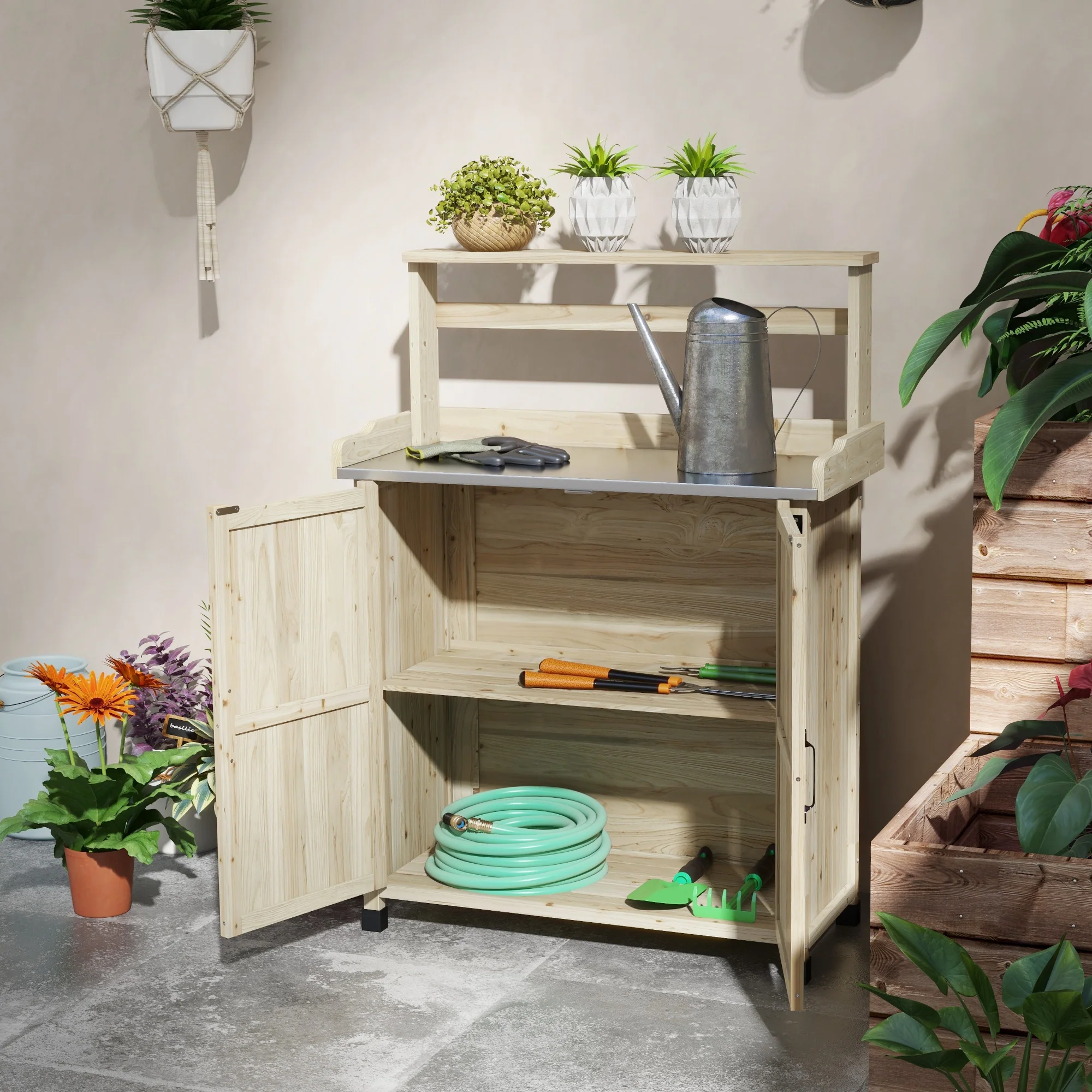 Outdoor Potting Bench Table with Storage Cabinet, Aluminum Tabletop, Rubber Wheels, Natural - Image 9