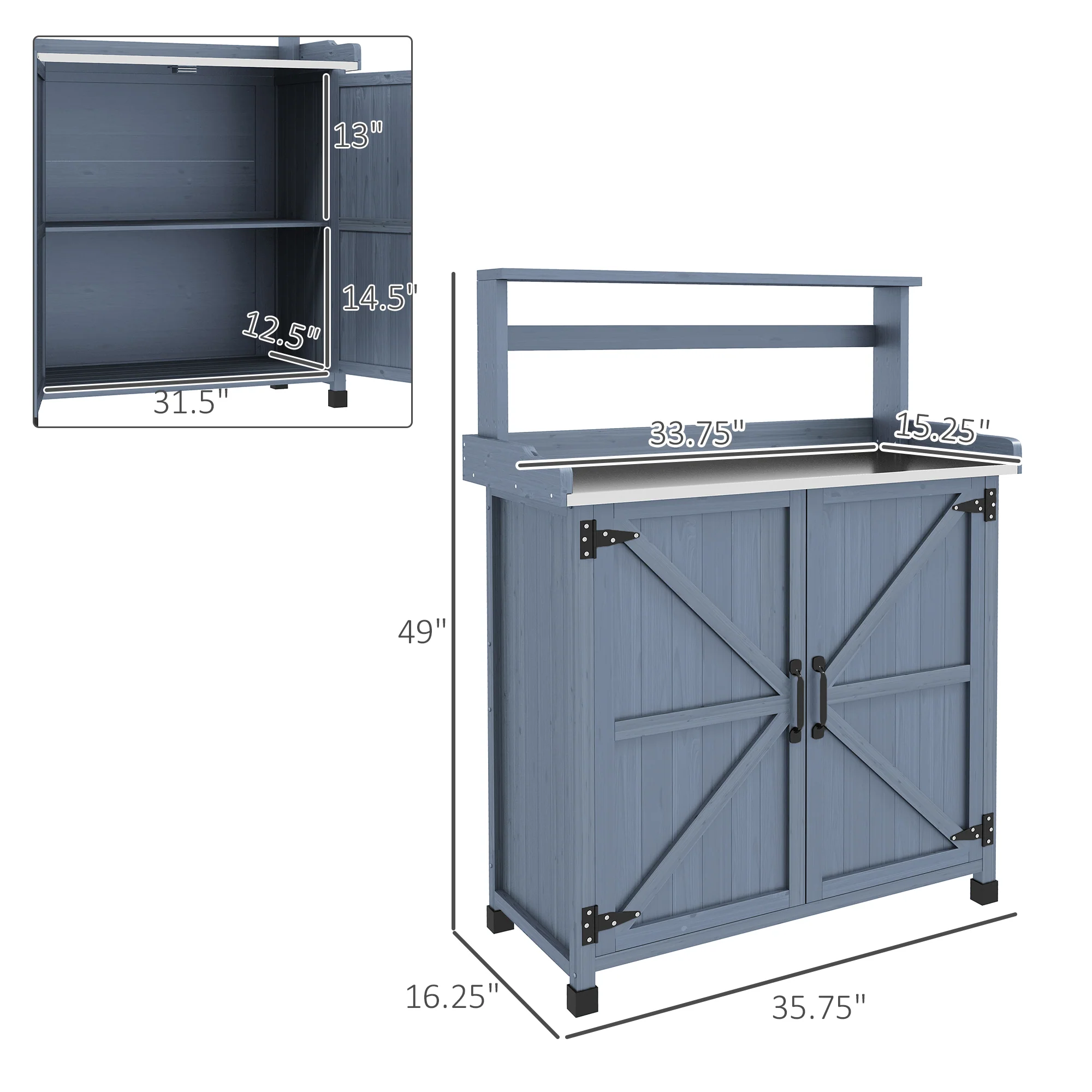 Outdoor Potting Bench with Storage Cabinet, Shelves, Galvanized Plated Tabletop, Gray - Image 5