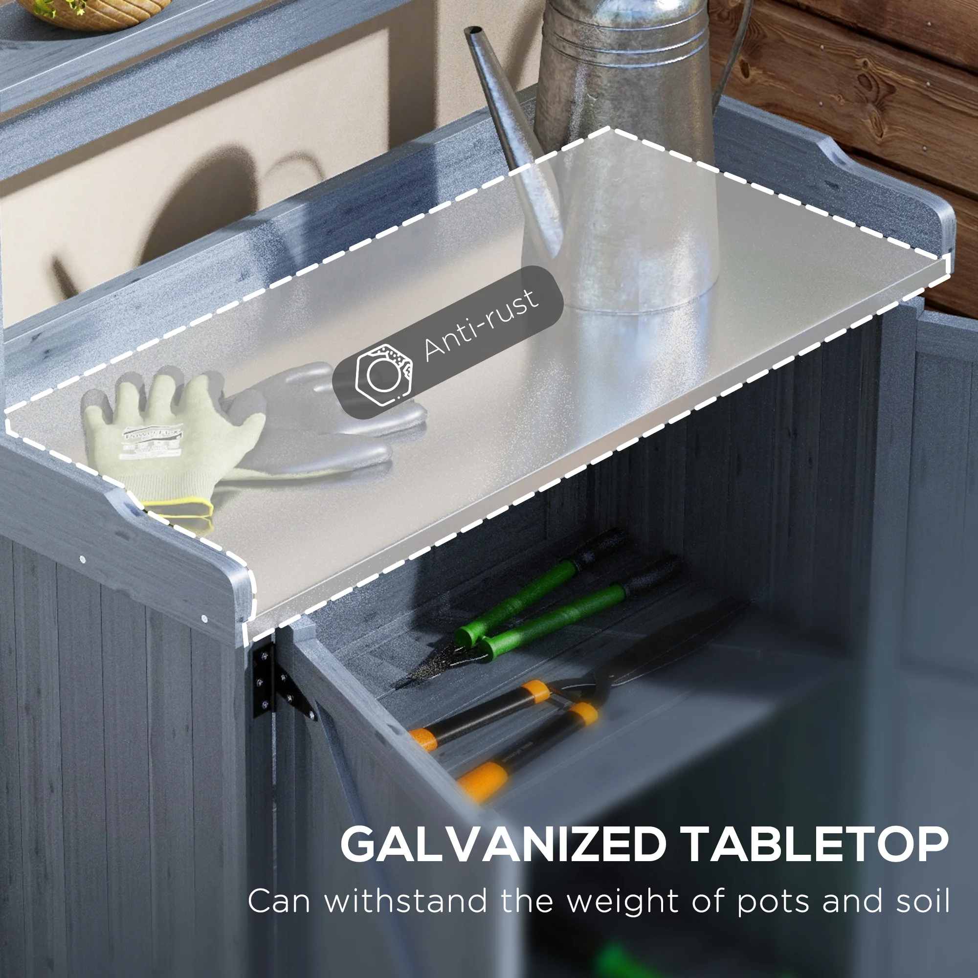 Outdoor Potting Bench with Storage Cabinet, Shelves, Galvanized Plated Tabletop, Gray - Image 6