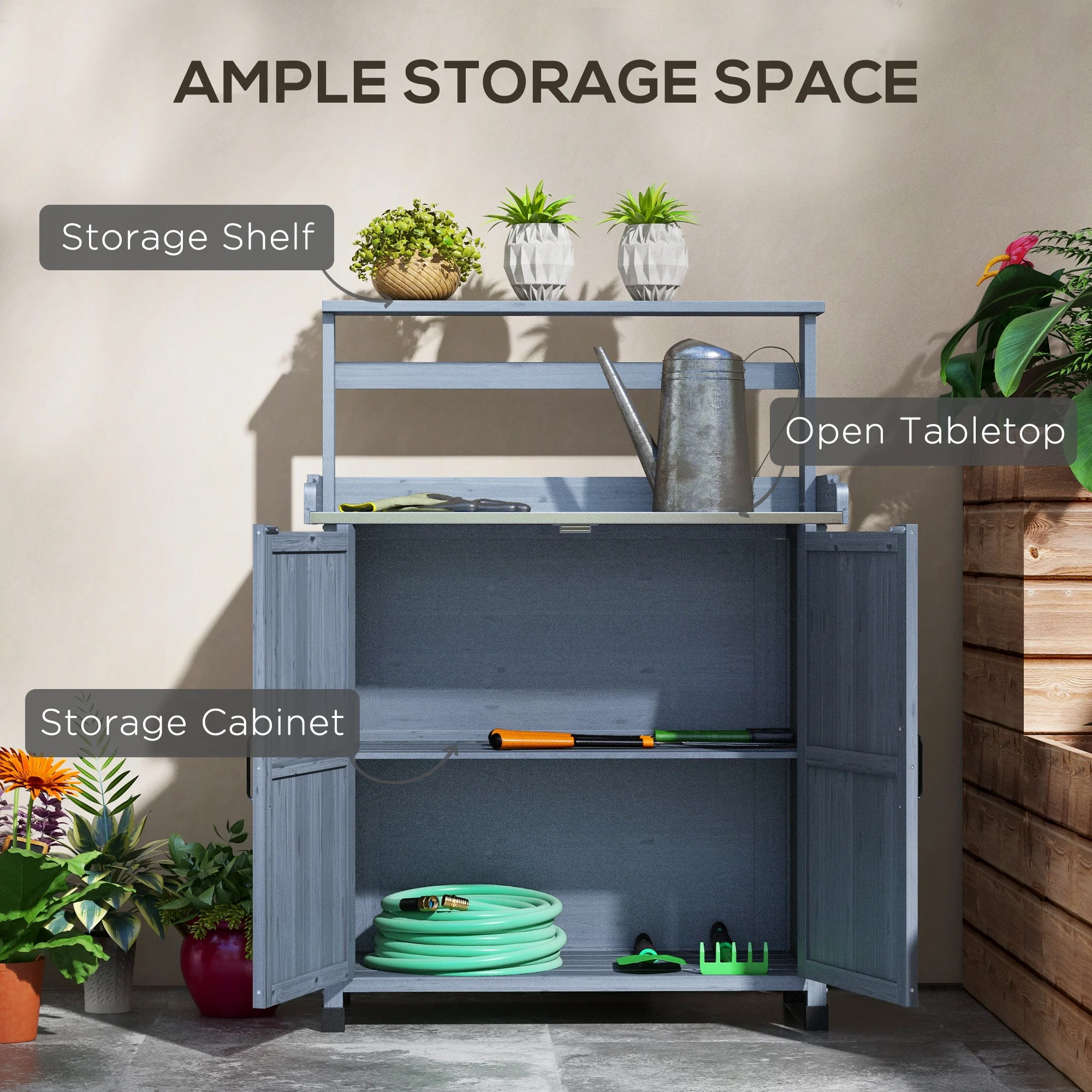 Outdoor Potting Bench with Storage Cabinet, Shelves, Galvanized Plated Tabletop, Gray - Image 7
