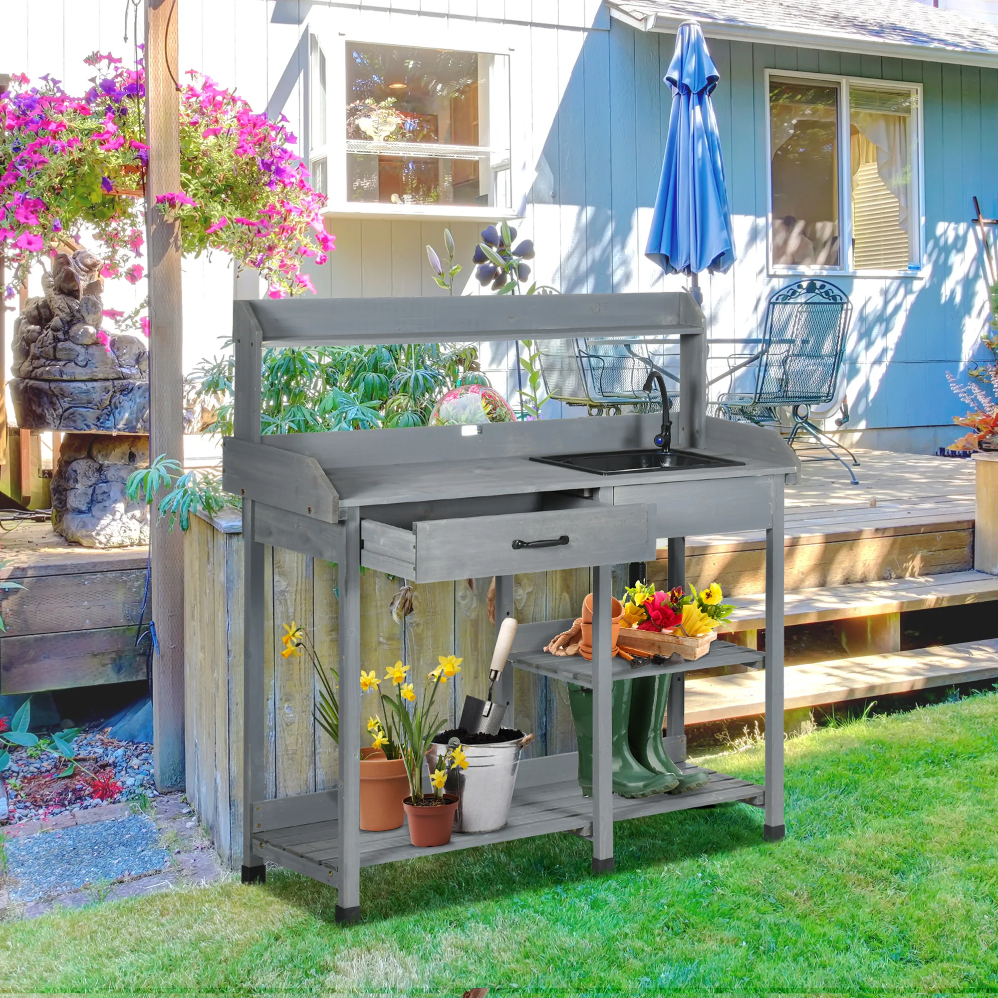 Potting Bench Table with Storage Shelves, Removable Sink, Faucet and Drawer, Gray - Image 4