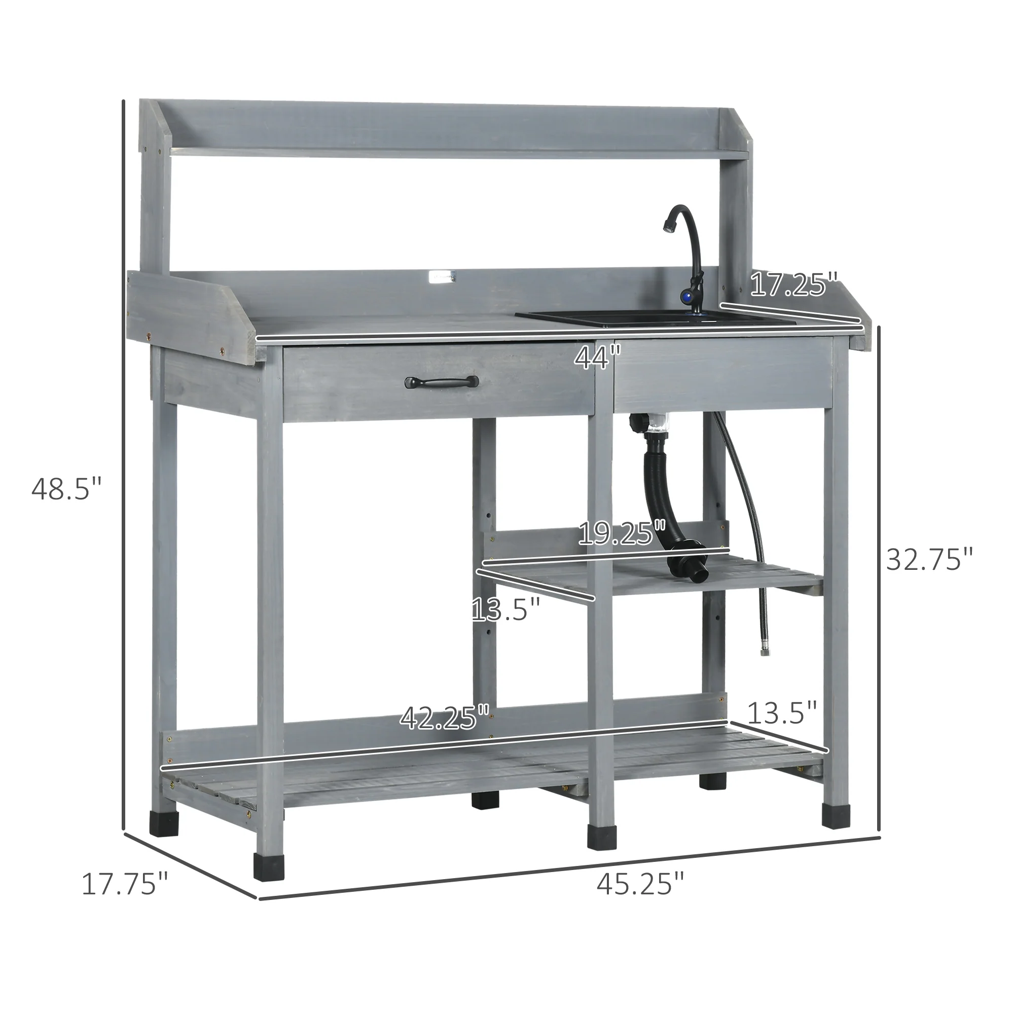Potting Bench Table with Storage Shelves, Removable Sink, Faucet and Drawer, Gray - Image 5