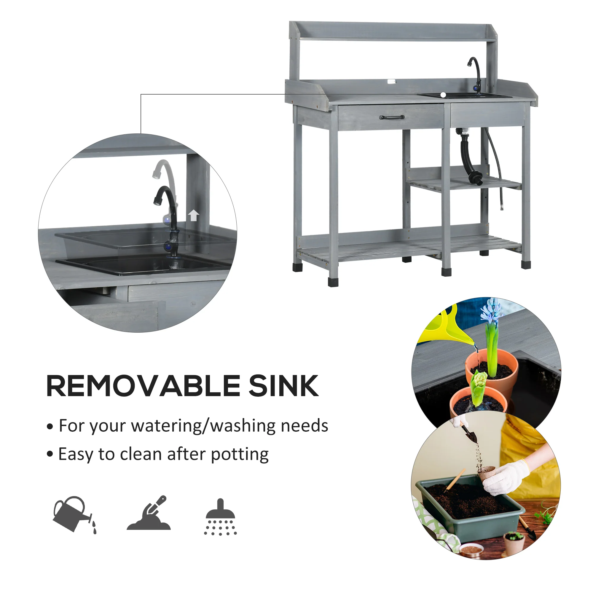 Potting Bench Table with Storage Shelves, Removable Sink, Faucet and Drawer, Gray - Image 6