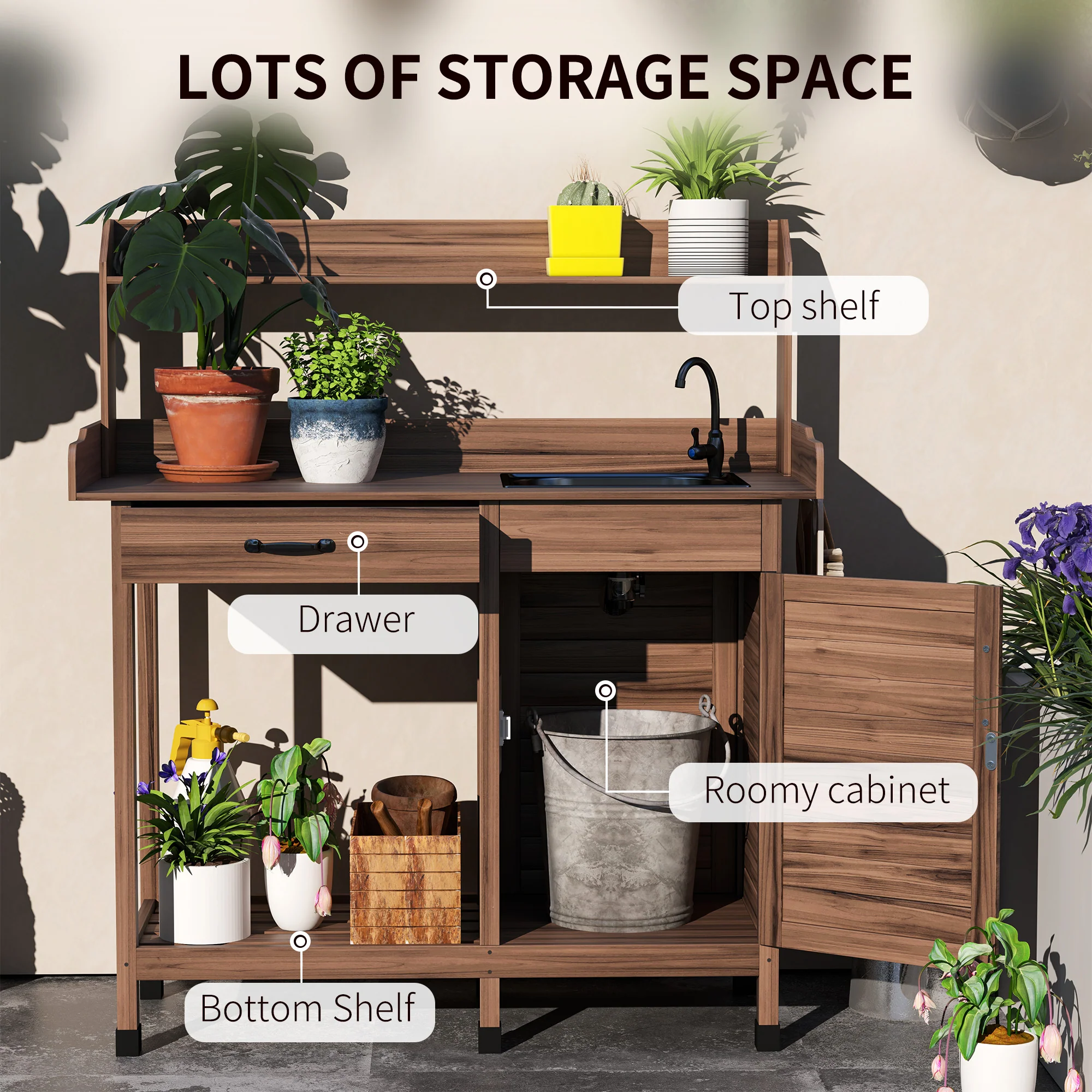Garden Potting Table with Storage Cabinet, Removable Sink, Faucet and Drawer, Dark Brown - Image 6