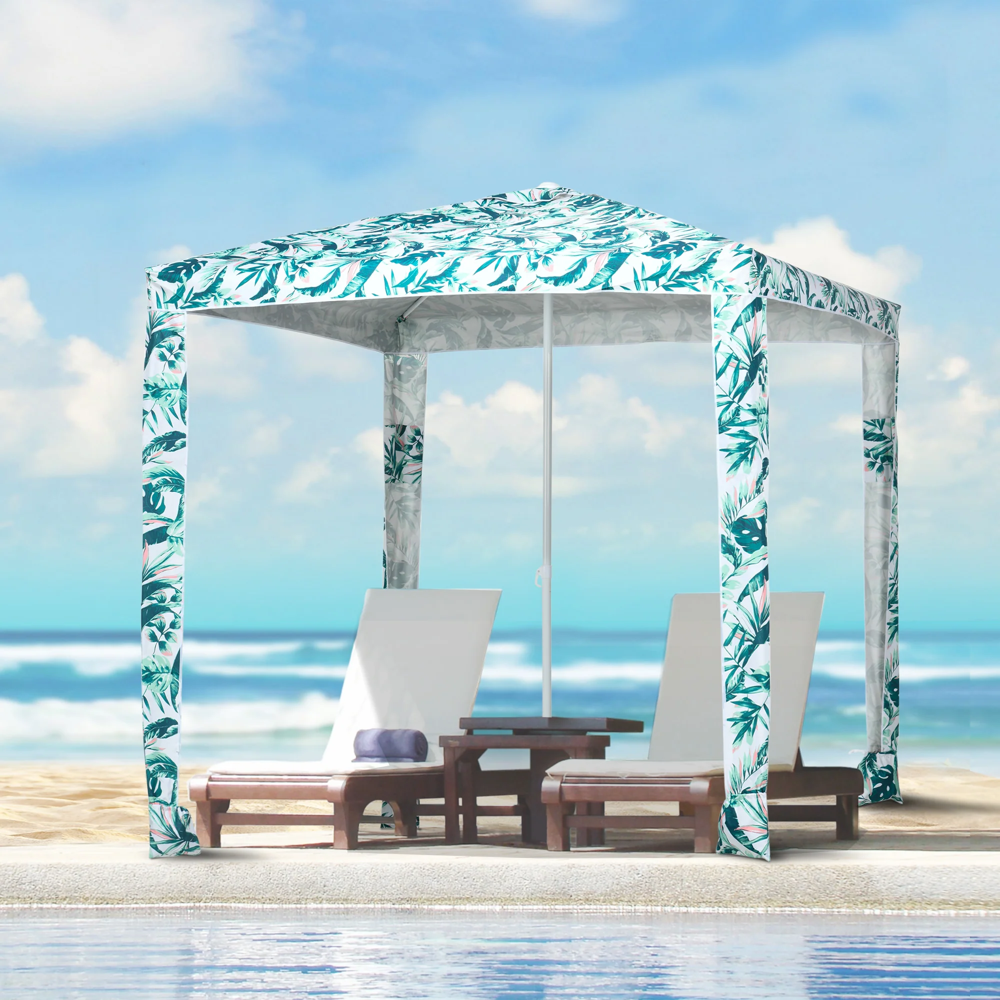 6.5' UV50+ Beach Canopy with Sandbags, Easy Assembly Sun Shelter in Green Coconut Palm - Image 3