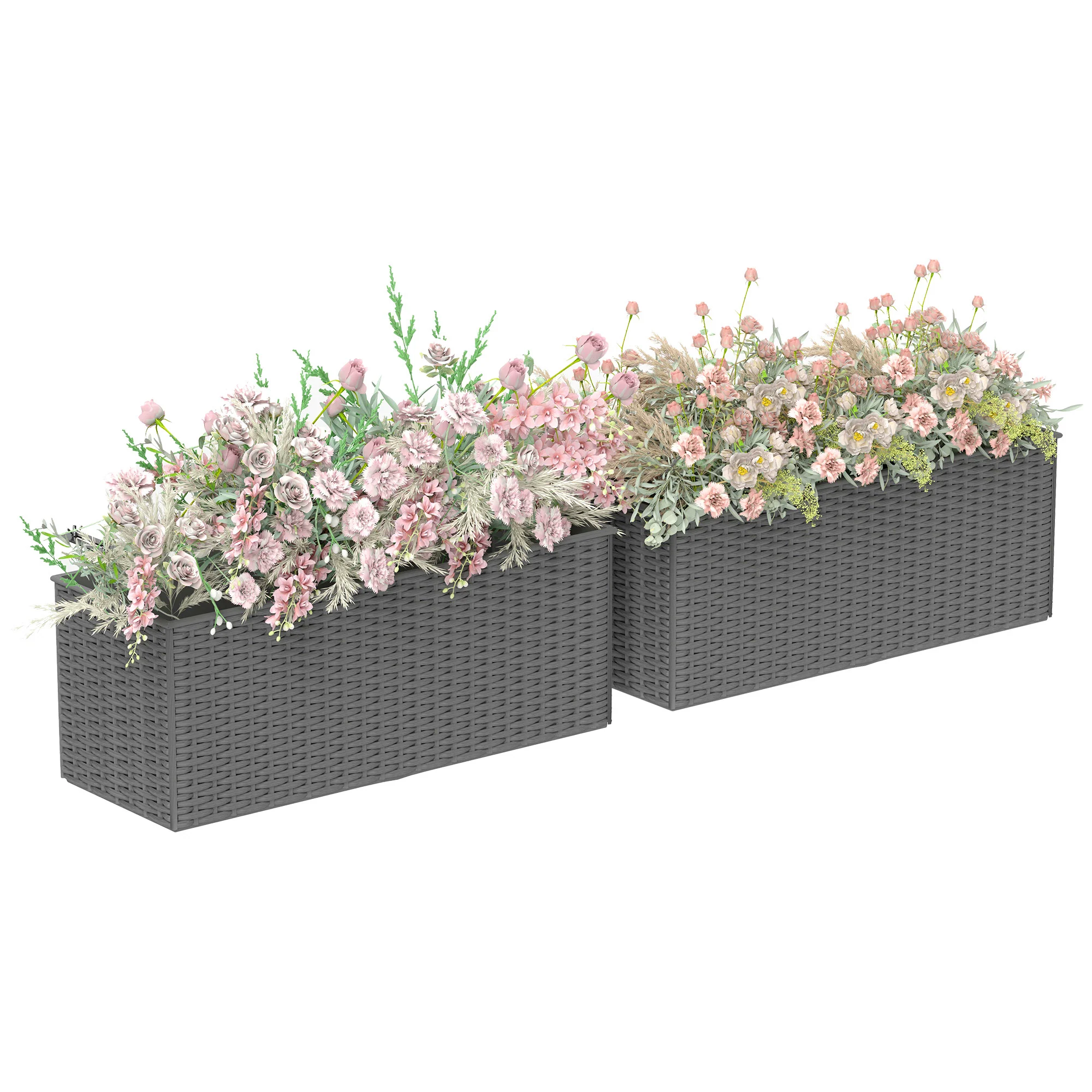 Railing Planter Box (2 Pack, 20 Inch), Self-Watering Hanging Flower Pots with Hooks for Fence, Balcony, Garden, Patio, Rattan Look, Gray
