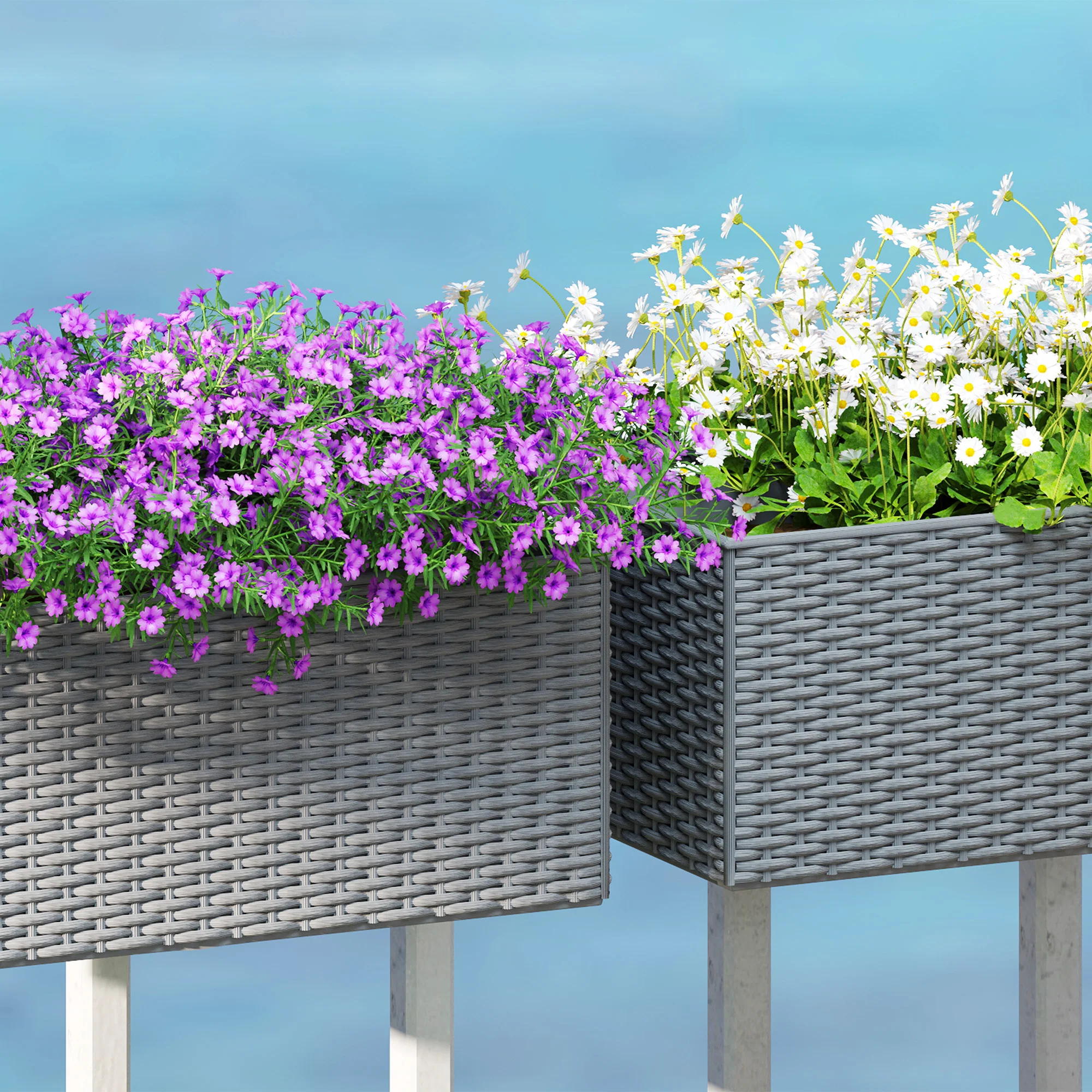 Railing Planter Box (2 Pack, 20 Inch), Self-Watering Hanging Flower Pots with Hooks for Fence, Balcony, Garden, Patio, Rattan Look, Gray - Image 11